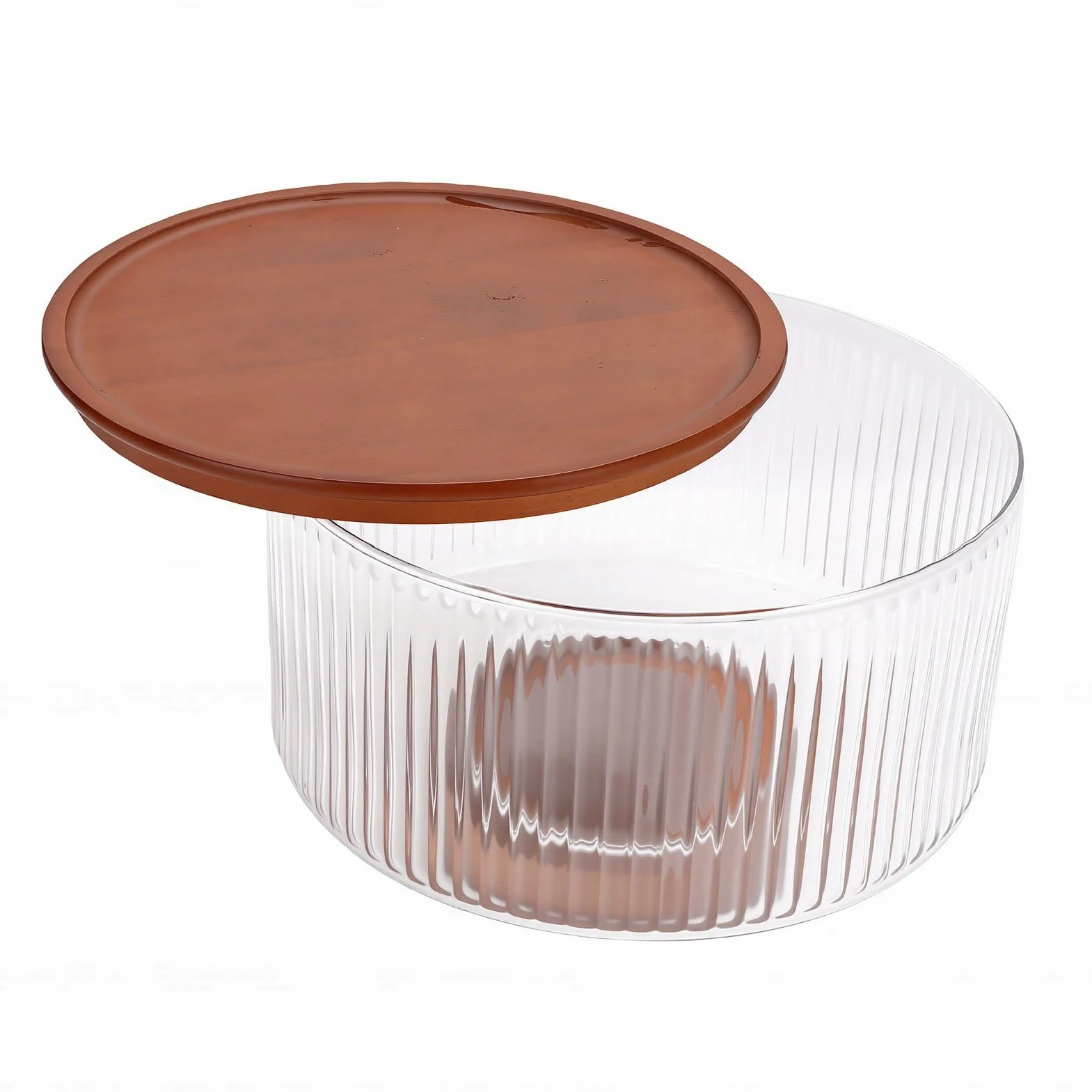 Juego de Ensaladera de Vidrio, Base y Tapa de Madera, Tazón Grande para Mezclar para Servir de 5,7 L, Frutero de Vidrio Transparente para Reuniones Familiares, Fiestas, Mesa de Cena (Medio)