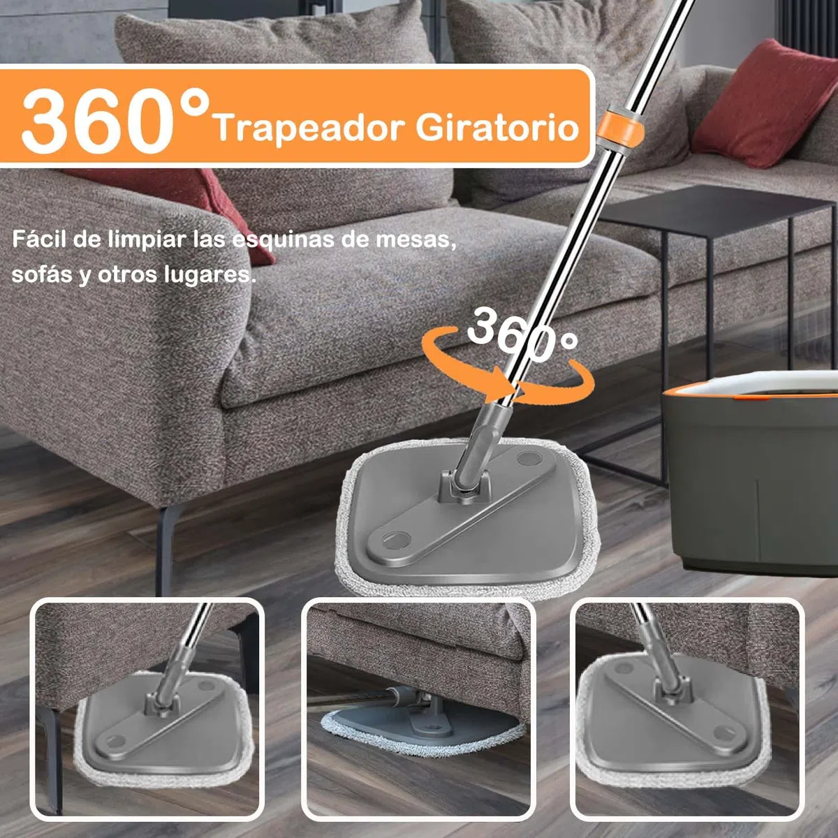 Juego de Fregona Giratoria y Cubeta con 6 Almohadillas de Reemplazables de Microfibra con Sistema de Separación Automática de Agua Sucia y Limpia Cabeza de Fregona Giratoria Autoescurrido