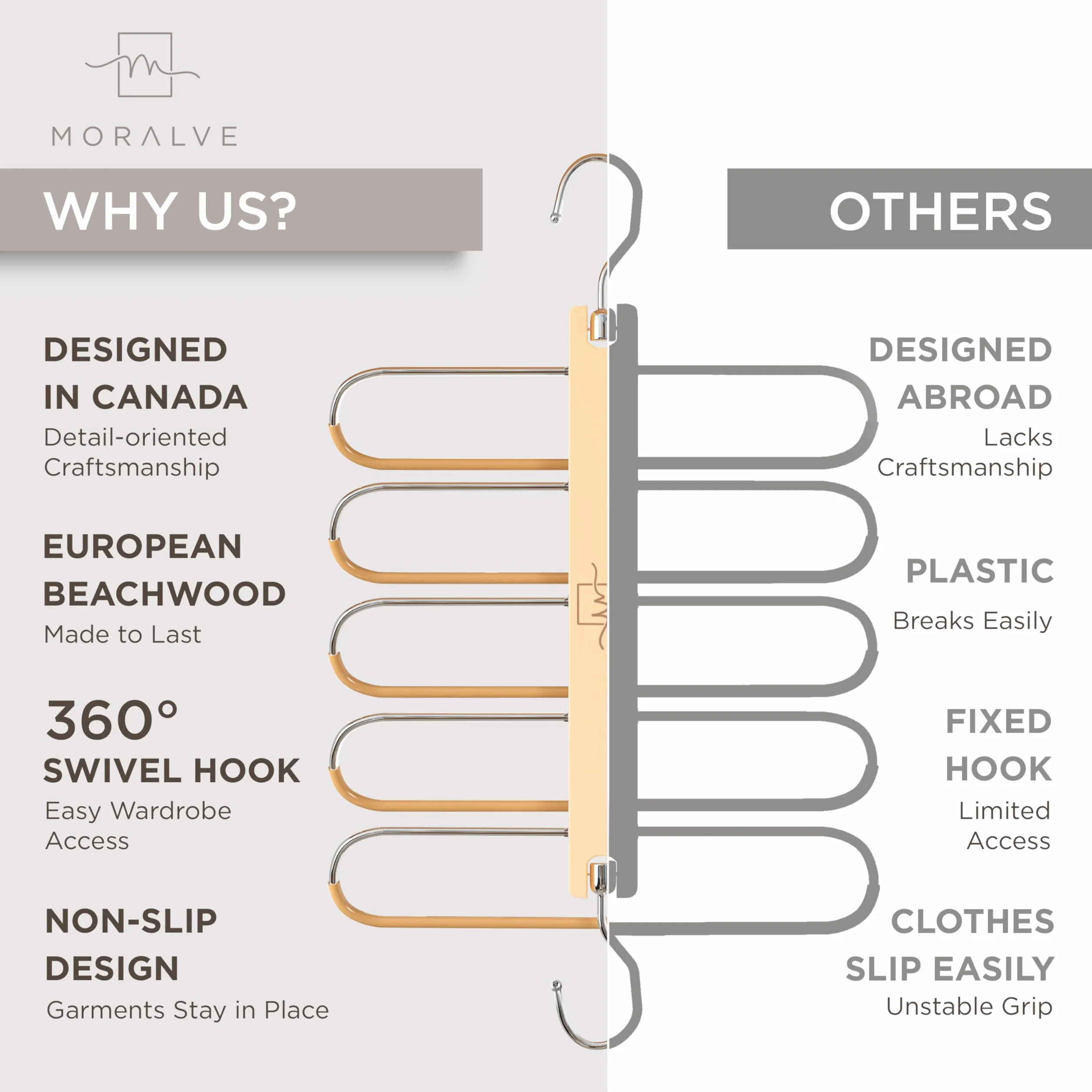 MORALVE - Paquete de 2 perchas para pantalones de madera de haya europea - Ahorrador de espacio para vaqueros y bufandas - Organizador de armario y portapantalones, porta leggings y porta bufanda con