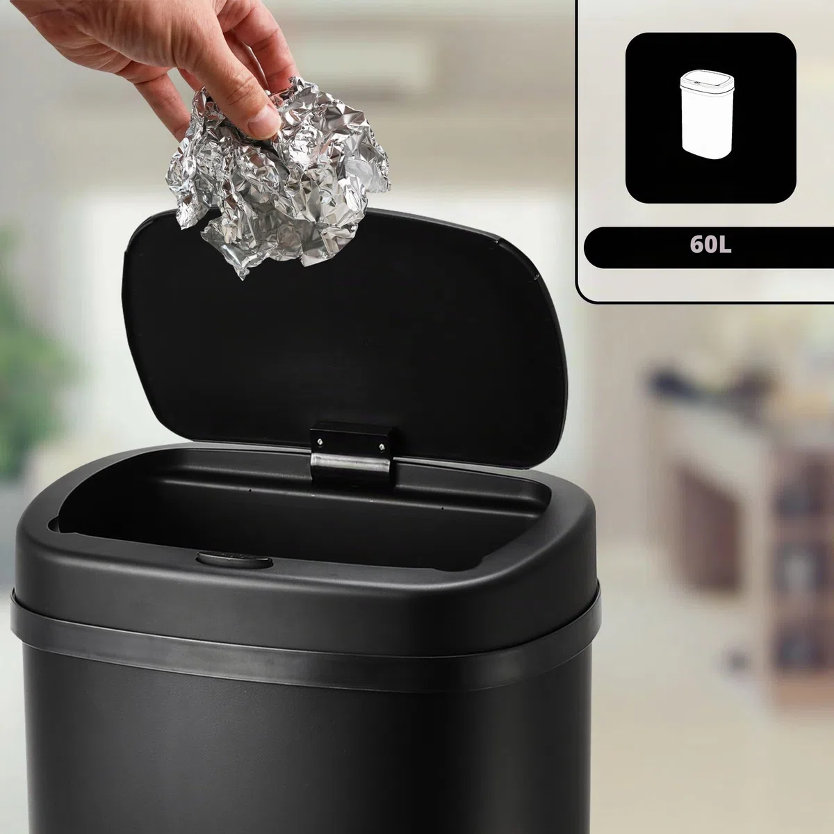 Bayt Cubo De Basura De Cocina De 60 L En Negro Con Tapa Táctil - Cubo Grande Para Residuos Y Basura Para Reciclaje | Cubo De Basura Rectangular Con Sellado Antiolor Para Dormitorio, Baño Y Oficina