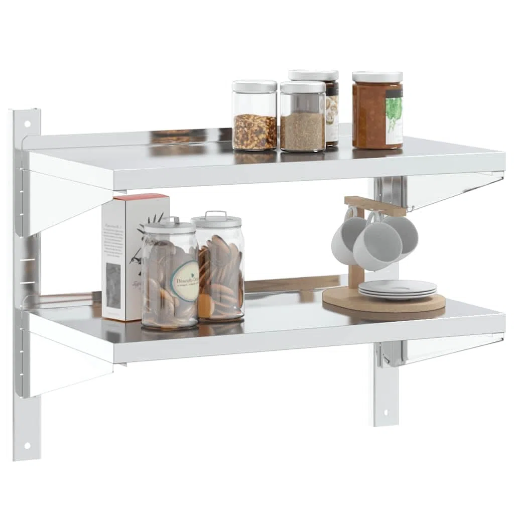 Estante de pared de acero inoxidable con 2 suelos, 75 x 40 x 60 cm, plateado, resistente a la corrosión, para cocina, baño, oficina