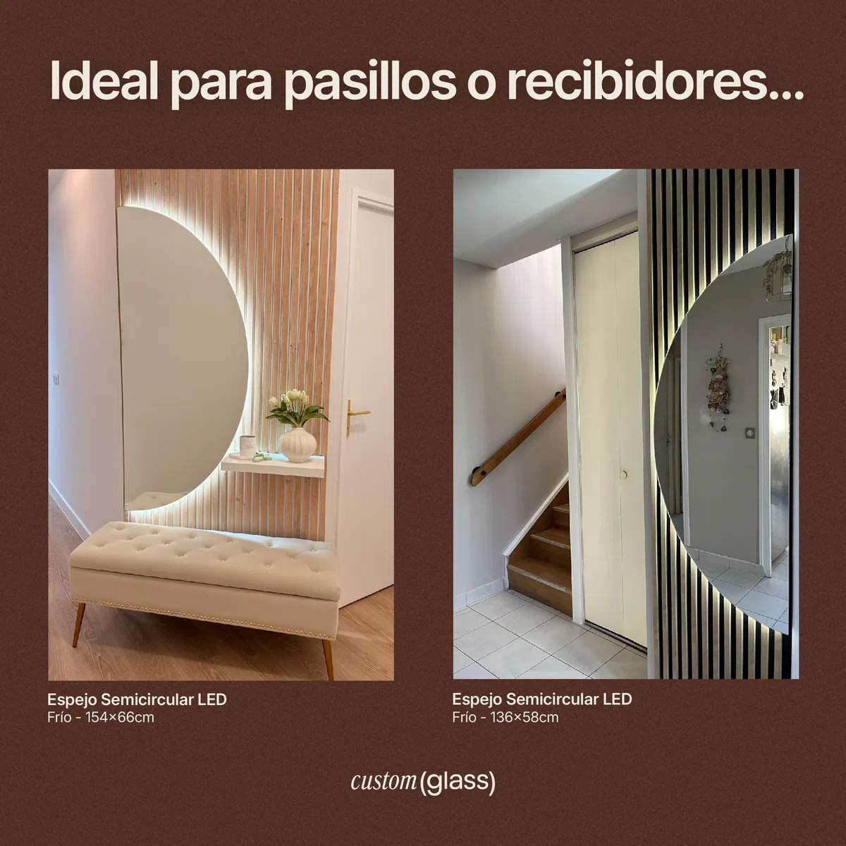 CustomGlass Espejo Semicircular Led 154X66 cm de Pared Diseño Media Luna con Iluminación Decoreativa Varias Madidas Ideal para Recibidor Dormitorio Salón o Baño (Semicircular 154X66 cm)
