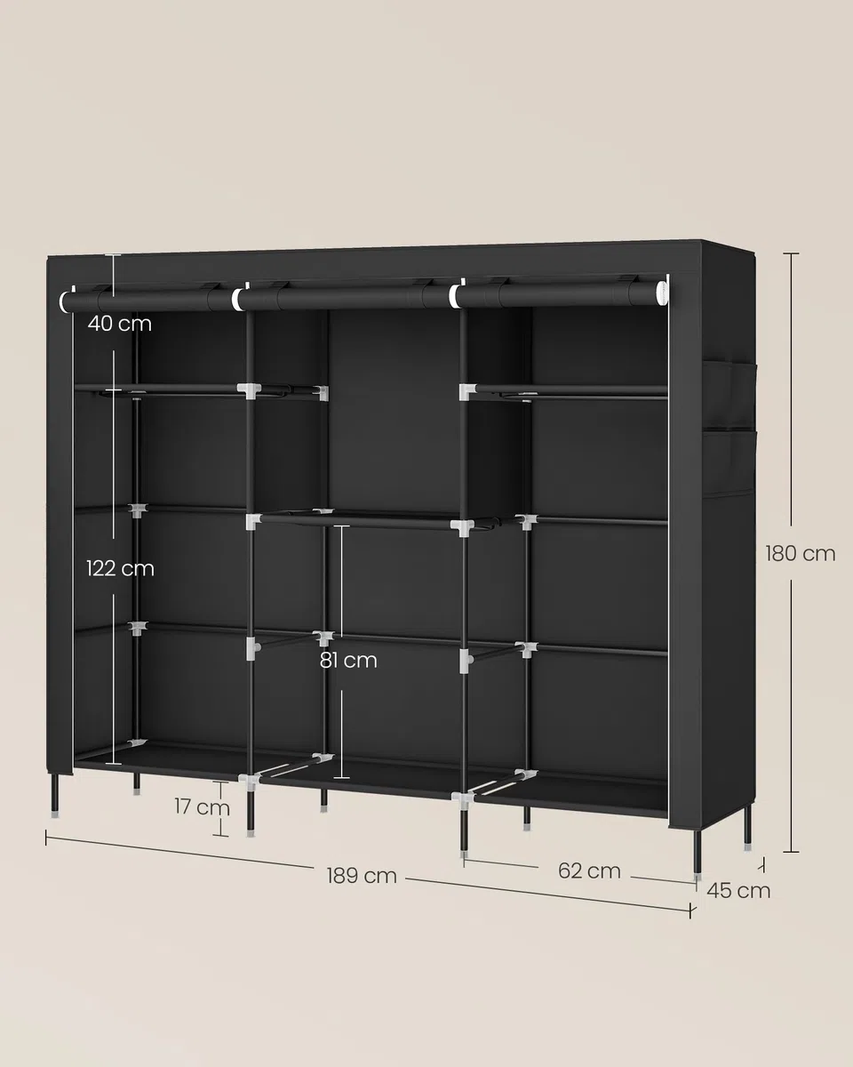 SONGMICS Armario de Ropa de Tela para Dormitorio, Armario Portátil con Barras para Colgar, Baldas y Bolsillos Laterales, Gran Capacidad, 4 Zonas para Colgar Ropa, 45 x 189 x 180 cm, Negro RYG011BZ02