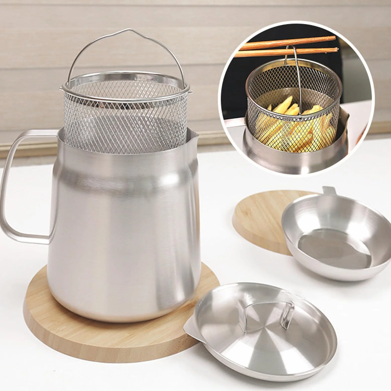 Recipiente de filtro de aceite versátil de acero inoxidable 304 de gran capacidad, olla de filtro de aceite de acero inoxidable, mini freidora de aceite de cocina y taza de filtro, tanque de red
