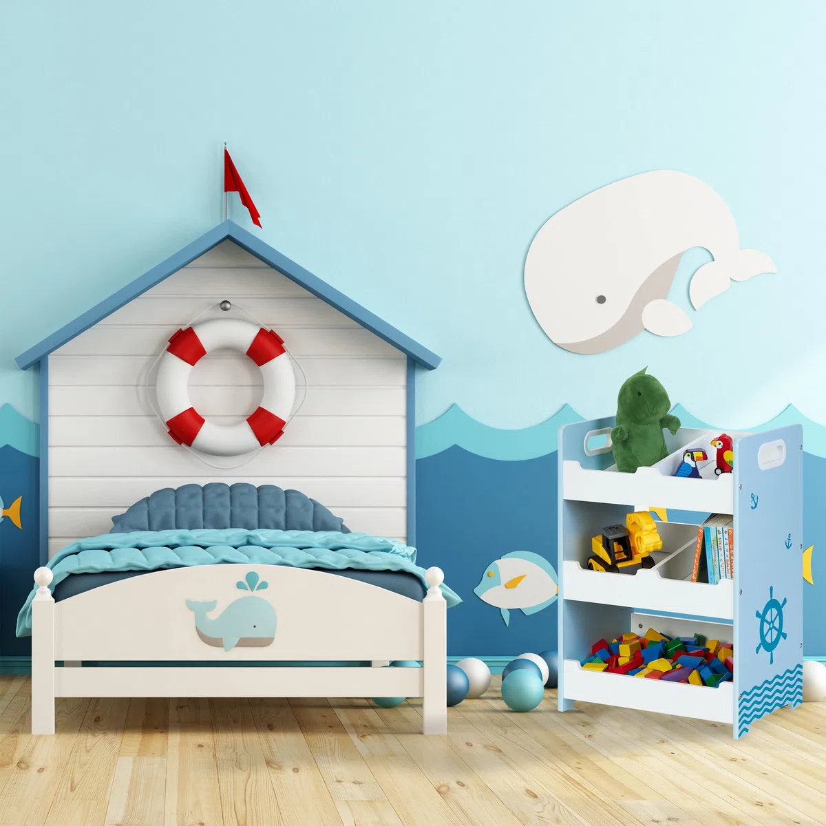 Relaxdays Estantería Infantil Marinero, 5 Estantes, MDF, Organizador Juguetes Niños, Asas, 60x42,5x30 cm, Blanco y Azul, Tablero de Fibras