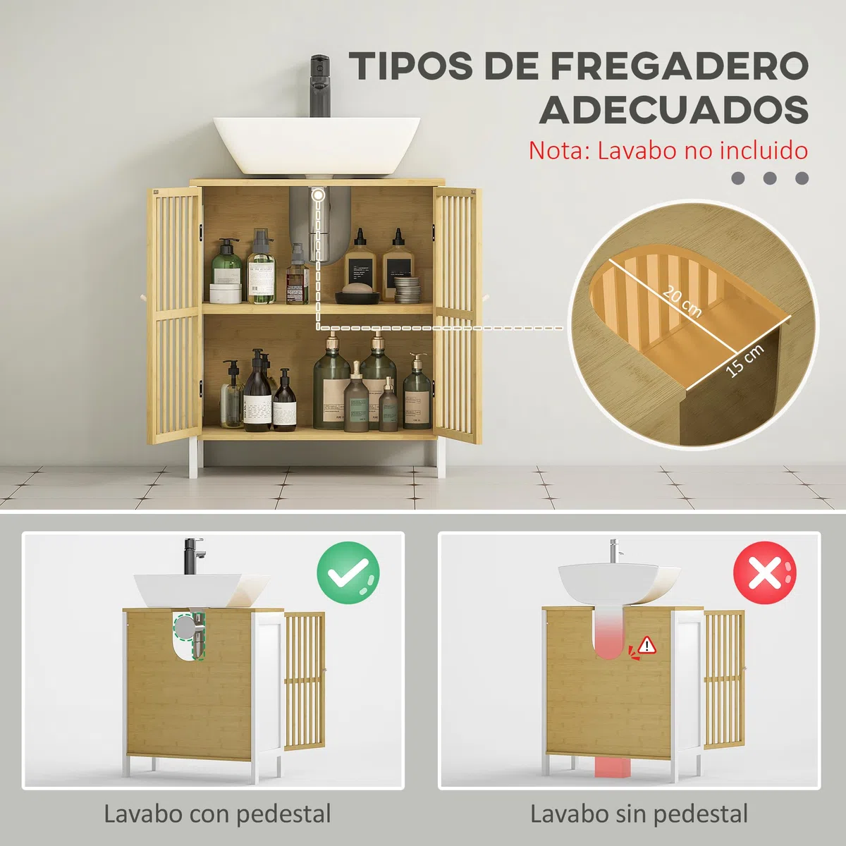 HOMCOM Mueble para Debajo del Lavabo Armario de Almacenamiento Bajo Lavabo de Bambú con Estante Ajustable y Puerta Doble Carga 30 kg 60x30x70 cm Blanco y Natural