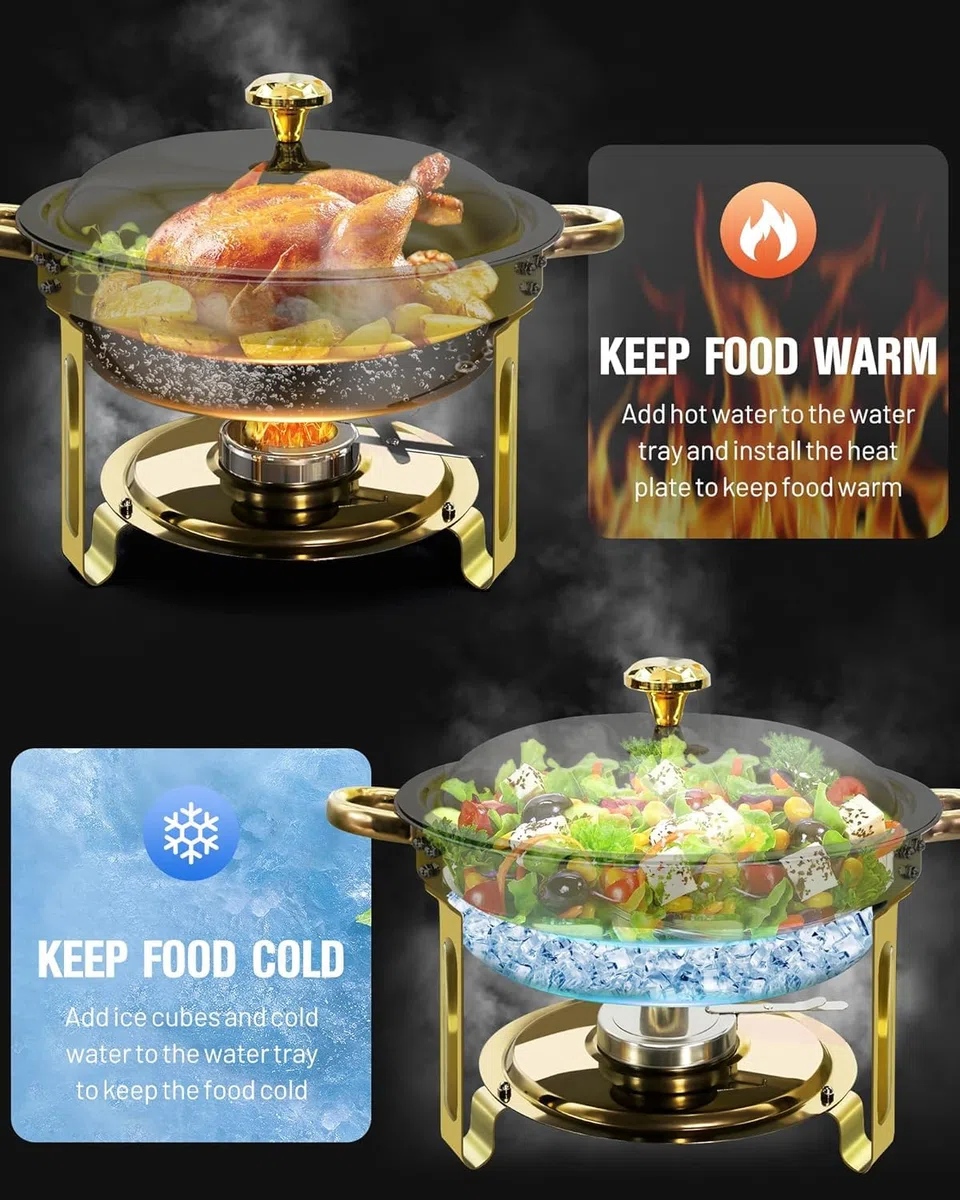 Calentador de Comida para Buffet, Chafing Dish 6L Acero Inoxidable | Juego de 2 Unidades, Calentador de Alimentos Buffet para Fiestas, Bodas, Banquetes y Eventos de Catering, Dorado y Plateado