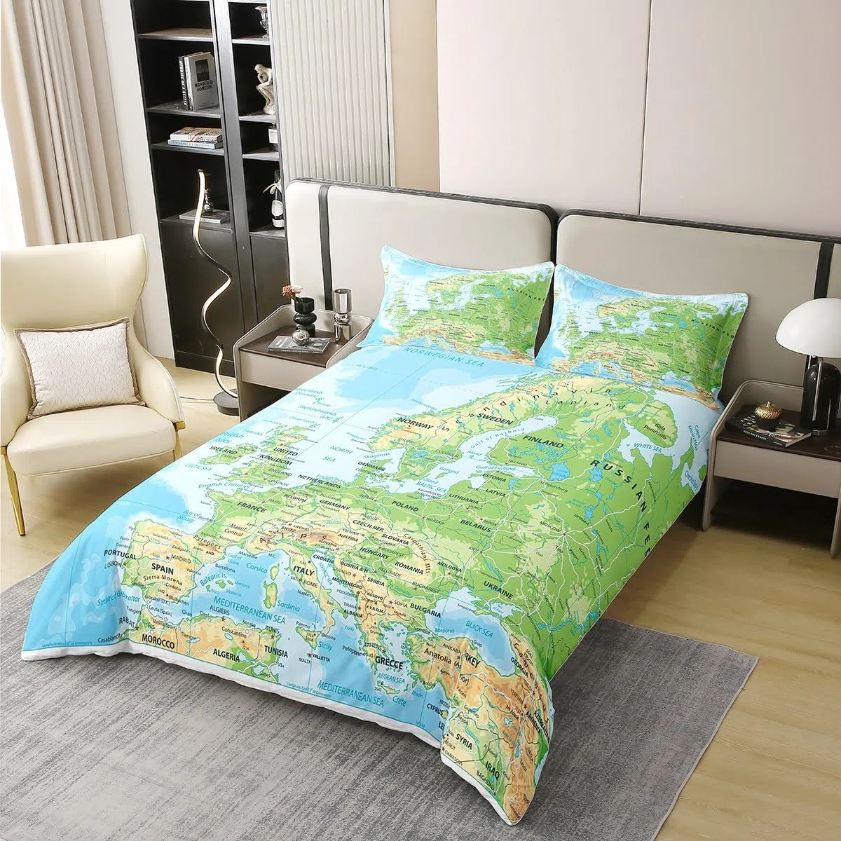 100% algodón natural mapa del mundo cubierta edredón 155 x 220, juego de cama azul océano para niños,mapa de diferentes países funda nórdica arte abstracto edredón cubierta transpirable decoración de