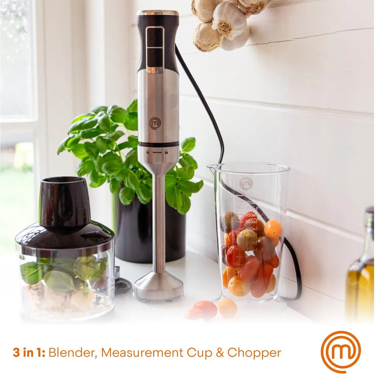 MasterChef - Licuadora de inmersión de mano, de acero inoxidable con accesorio picador y jarra de medición, batidora de puré para hacer alimentos para bebés, sopa, salsas, etc., 400 W
