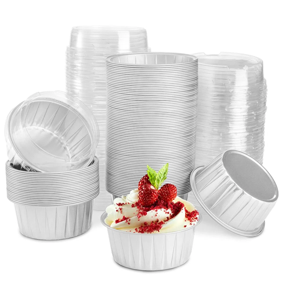 DEAYOU Paquete de 100 tazas de papel de aluminio para magdalenas, 5 onzas desechables para hornear magdalenas con tapa, boda, color plateado