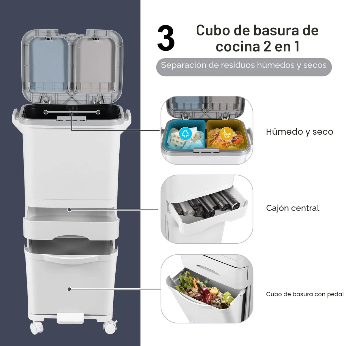 Cubo de basura de cocina con 3 compartimentos, 42 L, para cocina en seco y húmedo, con tapa, con tapa sobre ruedas, para cocina, apartamento, oficina, color blanco