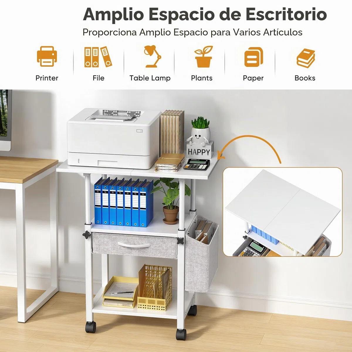 Mesa de impresión con ruedas Soporte de impresora de 3 niveles, mesa de impresora con cajón y bolsillo lateral, carrito grande con ruedas con estante ajustable para oficina y hogar (1)