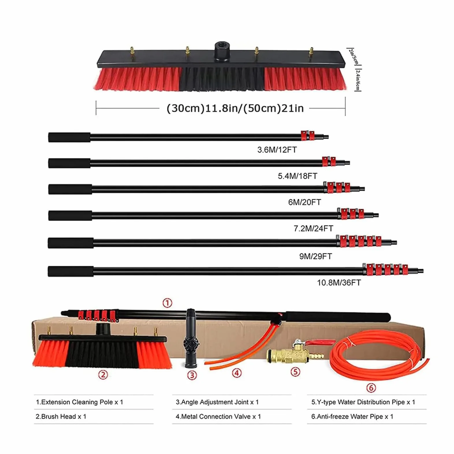 Kit de limpieza de ventanas con poste telescópico de 30 pies y cabezal flexible, cepillo de 30 cm para limpieza exterior del hogar y techo, herramientas de ventana de alto alcance para un uso fácil