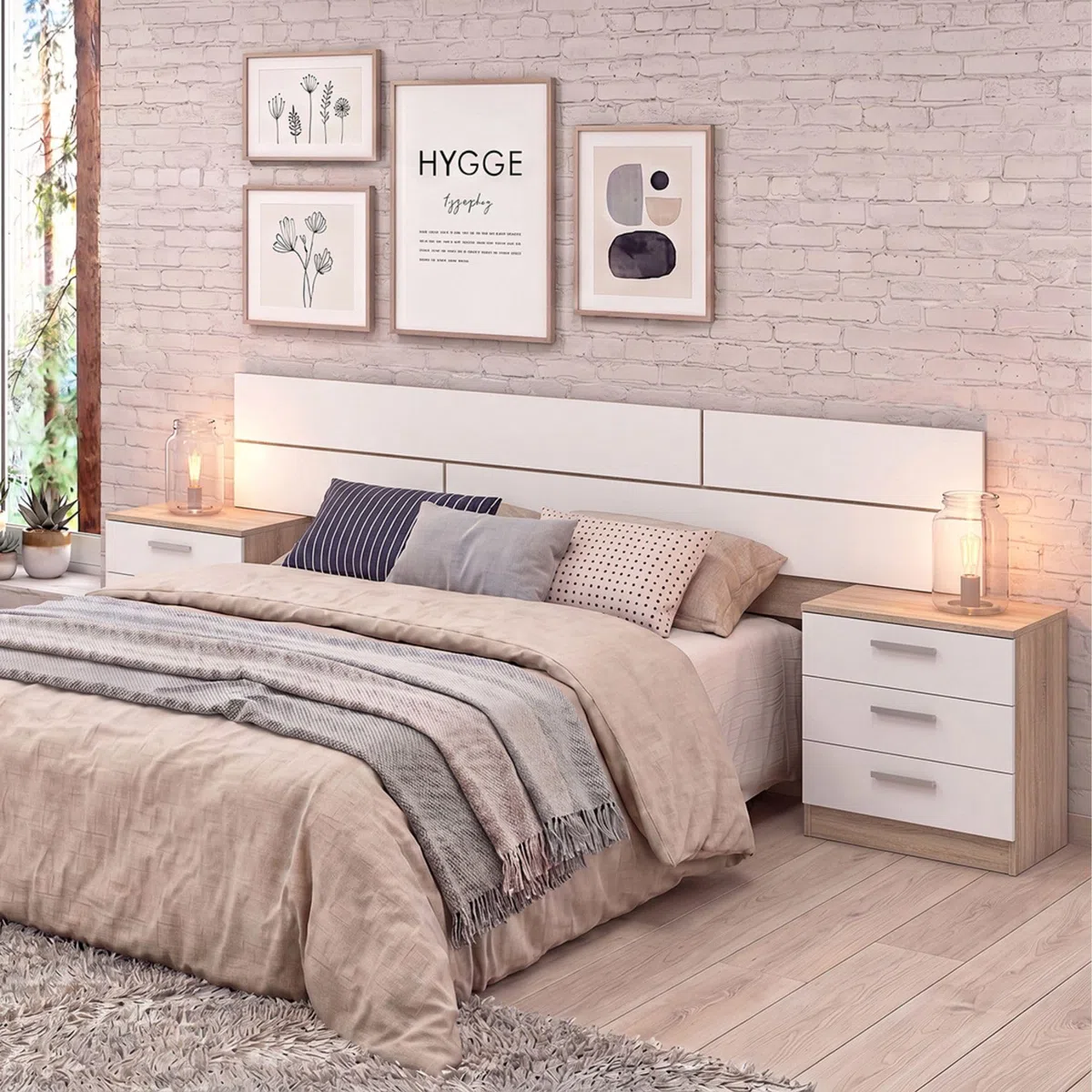 Pack Cabecero y 2 Mesitas de Noche, Dormitorio Doble, Dormitorio Completo, Acabado en Cambria y Blanco, 220 cm (An) x50 cm(Al) x 35 cm(Fon) - Meyvaser