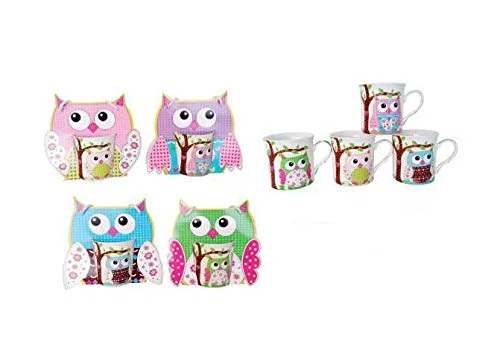 DISOK Set de 24 Tazas Buhos En Bolsa De Regalo - Detalles y Recuerdos Bodas, Comuniones, Cumpleaños Niños y Niñas Infantiles. Tazas Originales