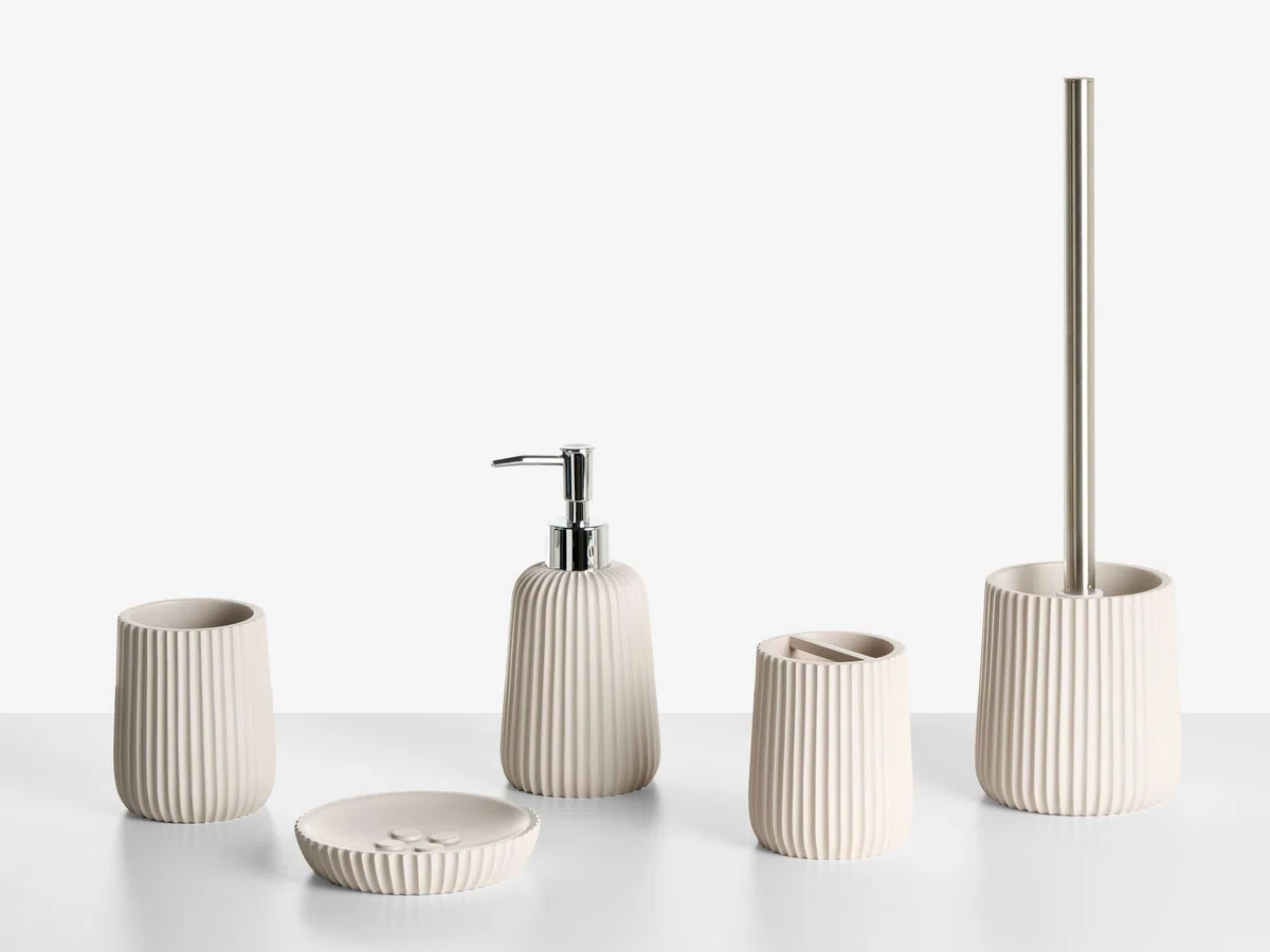 Conjunto de 5 Accesorios de baño jabonera dispensador de jabón escobilla de Inodoro Vaso Soporte para cepillos de Dientes Beige Pozuzo