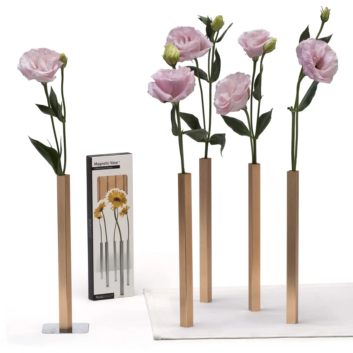 Peleg Design – Set de 5 Jarrones Magnéticos Dorados de Aluminio, Decoración Moderna para Hogar y Jardín, Ideal para Flores Reales o Artificiales (Dorado)