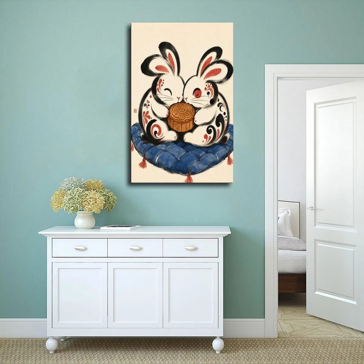 W7C8U2X3 Pareja de Conejos con Tambor Cuadro en Lienzo, Dormitorio | Festival Folclorico, Poster en Lienzo Entrada, Festival Folcloric, Pasillo, Arte Folk, Decoracion Salon, 24x36inch(60x90cm).