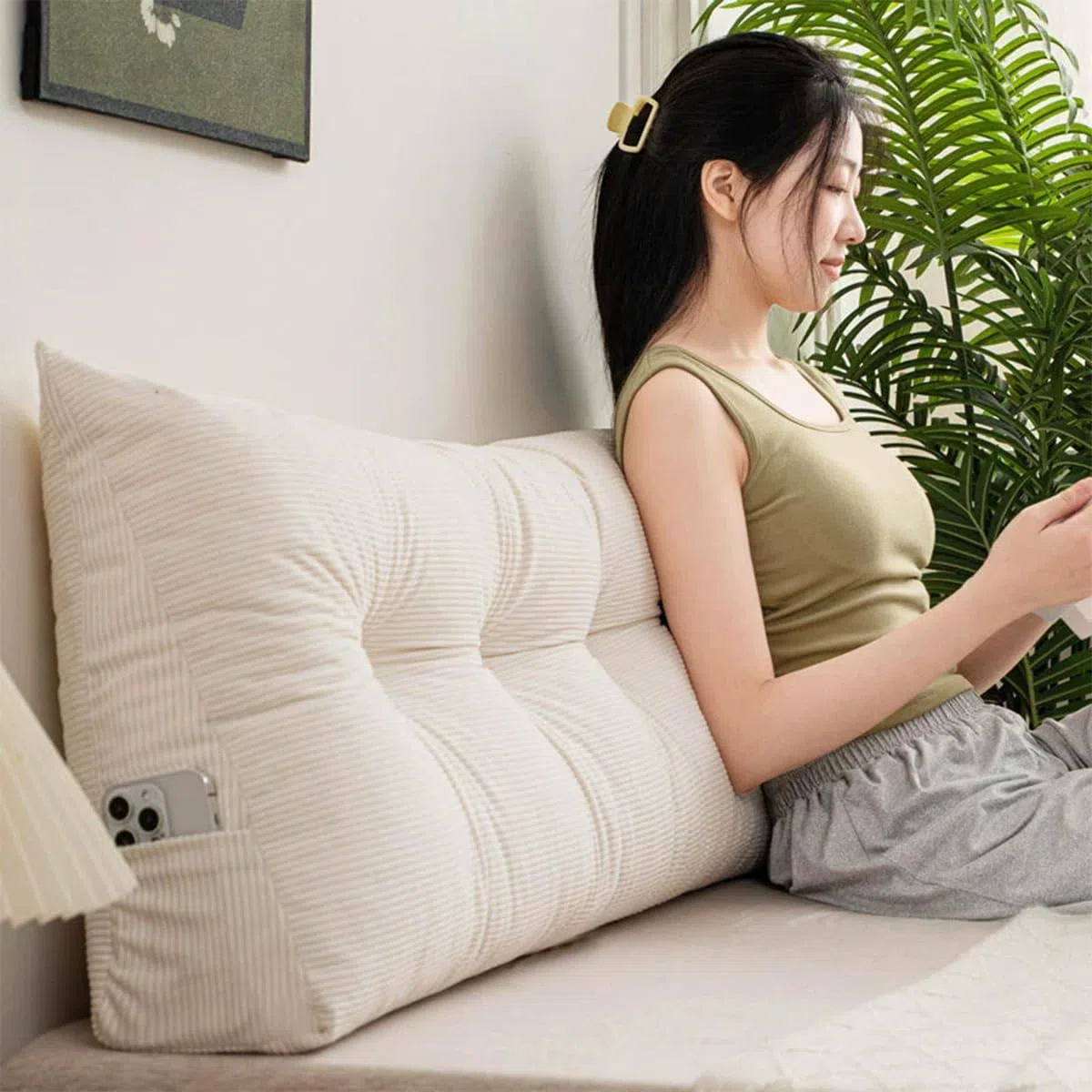 Almohada triangular de cuña para cama y sofá, cojín de apoyo lumbar con funda extraíble (blanco, 100 x 40 x 12 cm), ideal para mayor comodidad y apoyo postural
