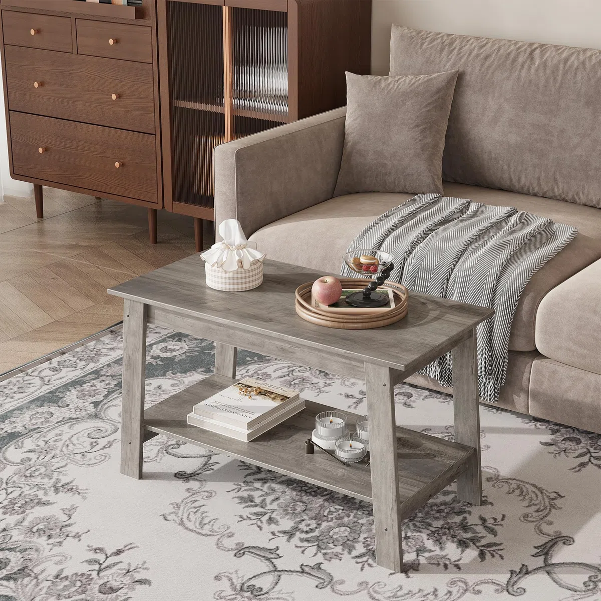 GarveeHome Mesa de Centro con Estante Abierto, Mesa de Centro Madera de 2 Niveles Estilo Farmhouse, Mesita de Salón Rectangular y Mesita de Sofá Compacta (80 x 39 x 48 cm), Gris