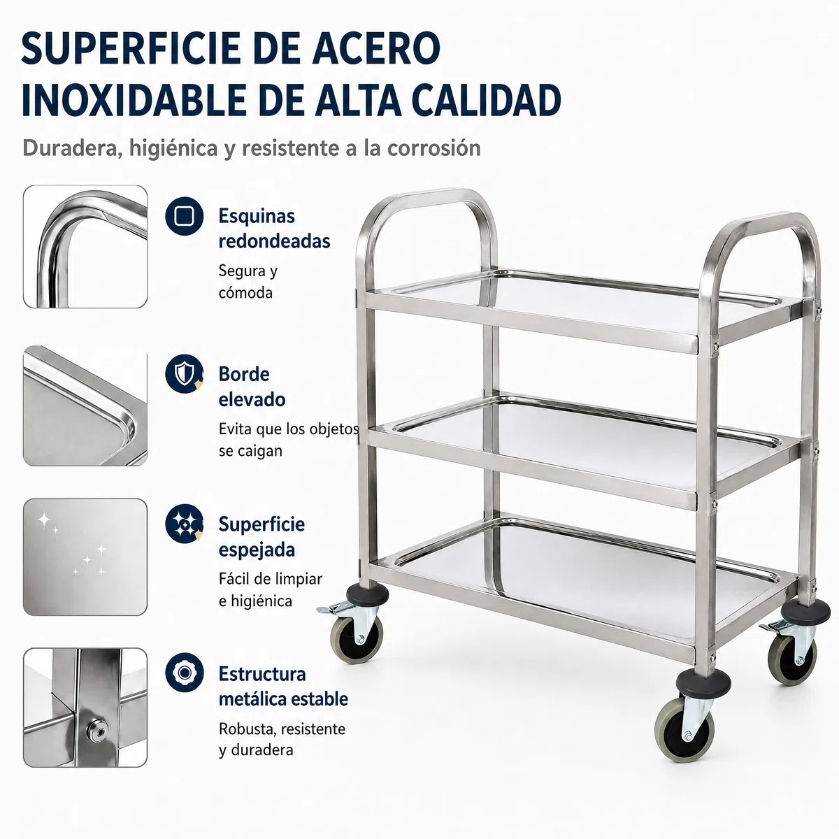 Carrito de Servicio Acero Inoxidable 3 Estantes, 4 Ruedas Giratorias (2 con Freno) (72x40x82 cm, 150 kg) – Carro de Cocina Multifuncional para Restaurante, Laboratorio, Hostelería