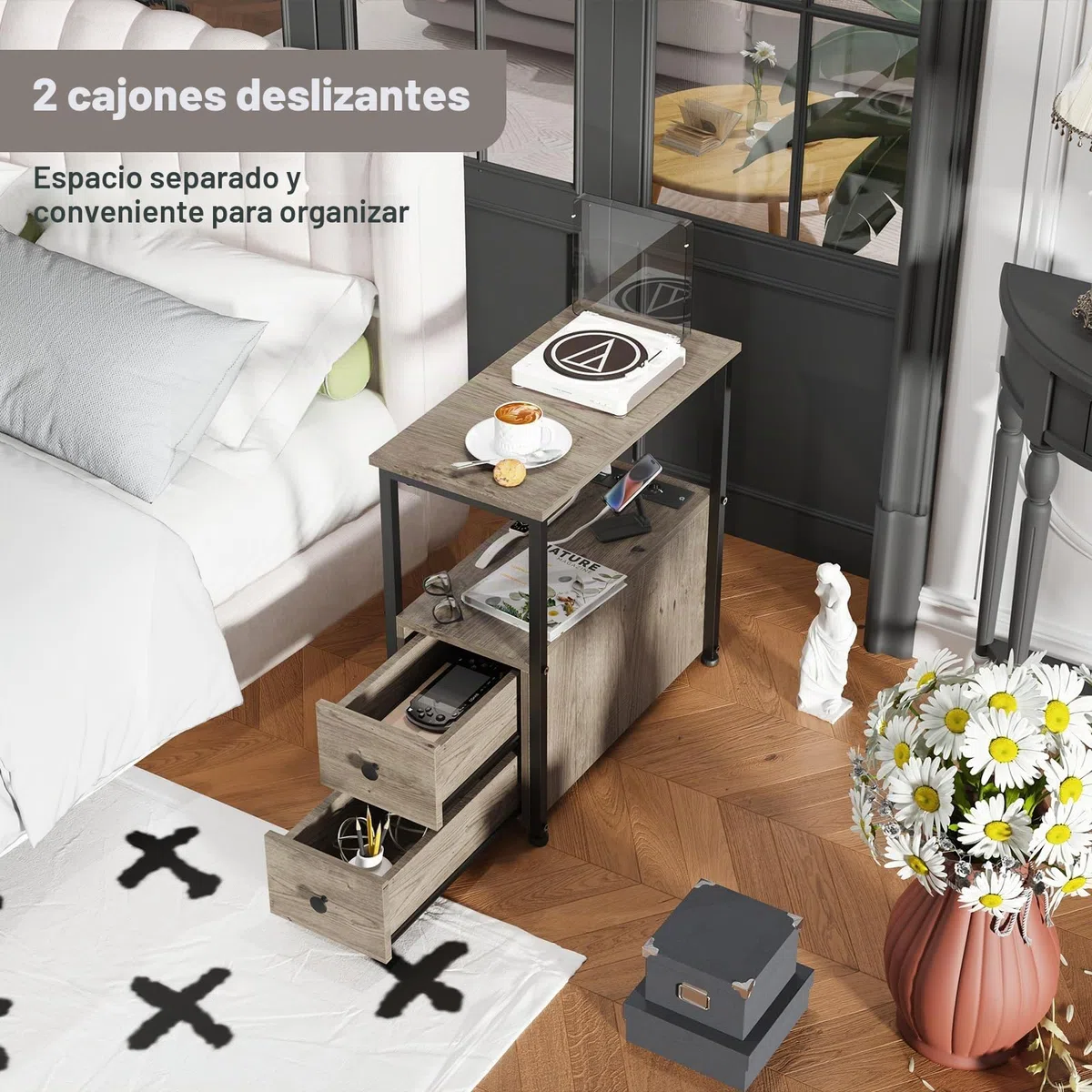 Mesita de Noche con Enchufe, Mesa Auxiliar con 2 cajón, Dormitorio Estrecha Mesitas de Noche, Organizador para Dormitorio, Sala de Estar Gris