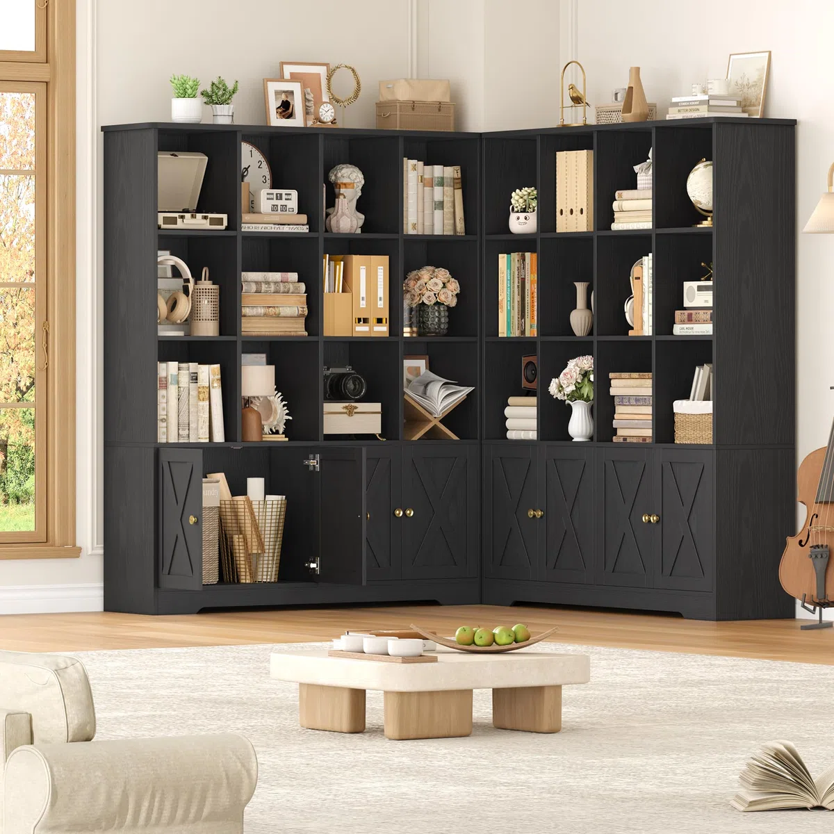 FirFurd 145cm Librería con 4 Puertas y 12 Compartimientos, Librería Salón | Estantería con Puertas, Estantería Libros, Estanterías Almacenaje, para Salón Estudio Oficina Dormitorio Negro 121x30x145cm