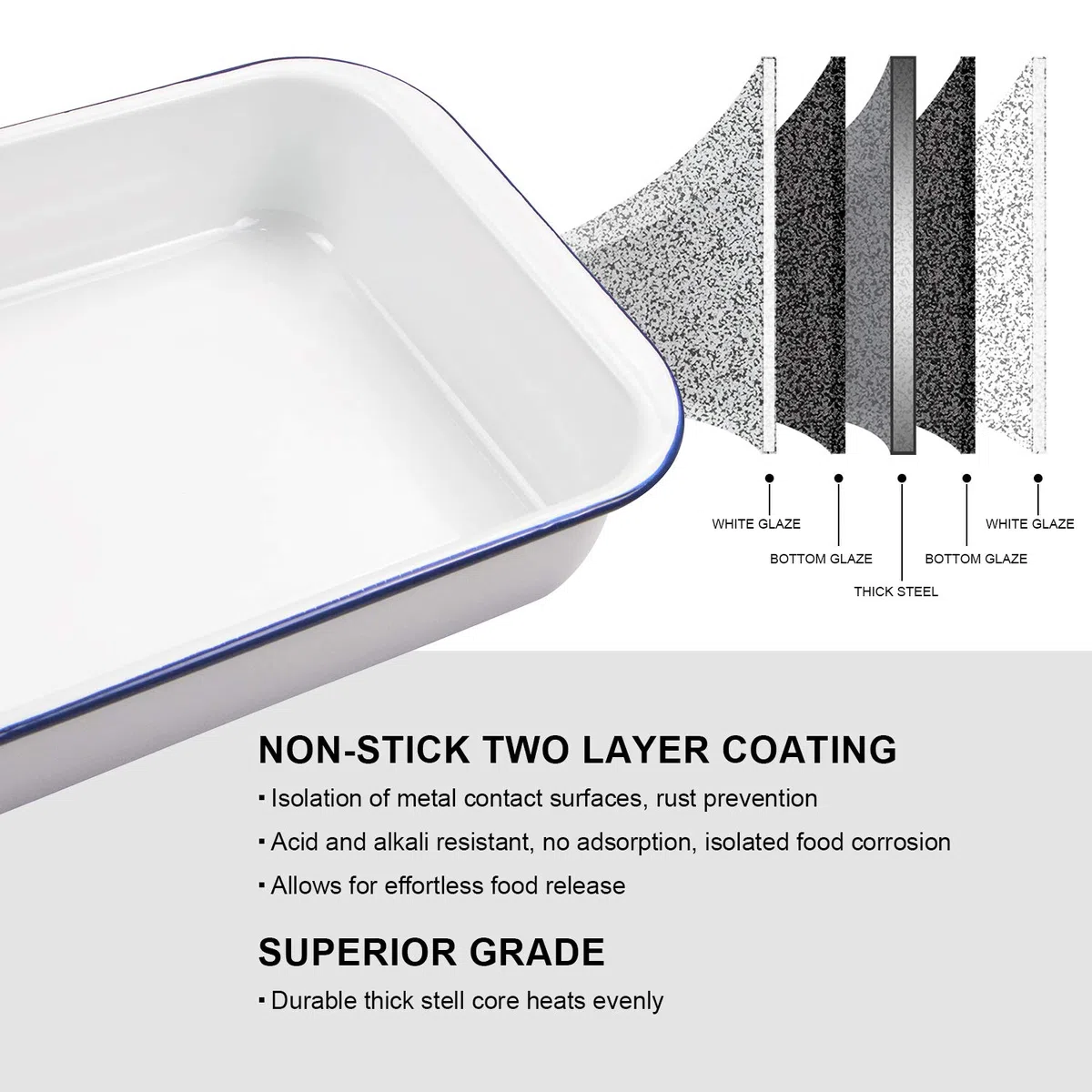 Webake Enamelware - Molde para horno (14 x 9 pulgadas, hierro fundido, esmaltado, bandeja para asar, bandeja para lasaña, recipientes para alimentos, color blanco sólido con borde azul)