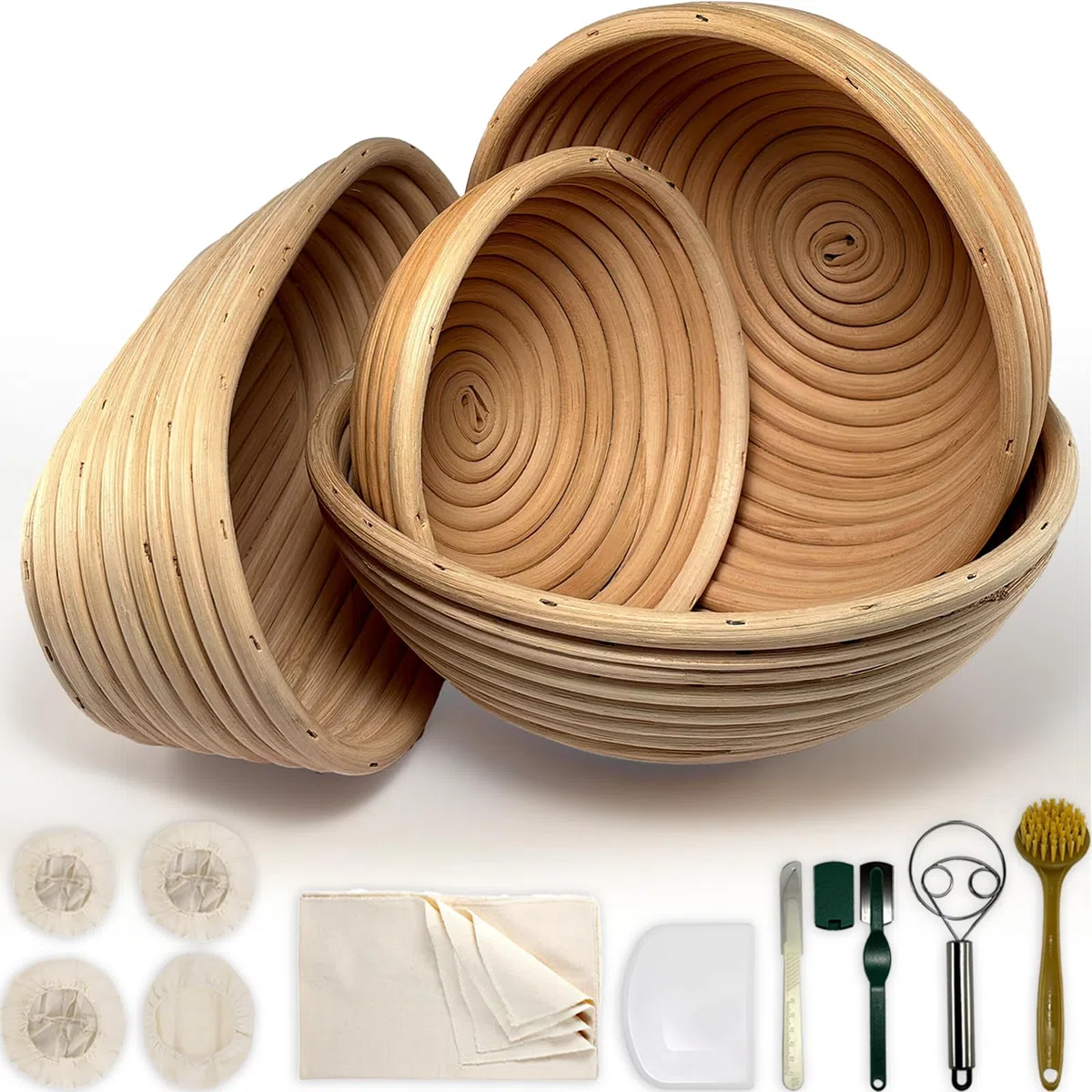 Banneton - Kit de cesta de ratán natural, cesta a prueba de pan de masa madre, cesta de 6, 8, 9, 10 pulgadas con herramientas de suministros para hacer pan, kit de inicio de horneado, juego de