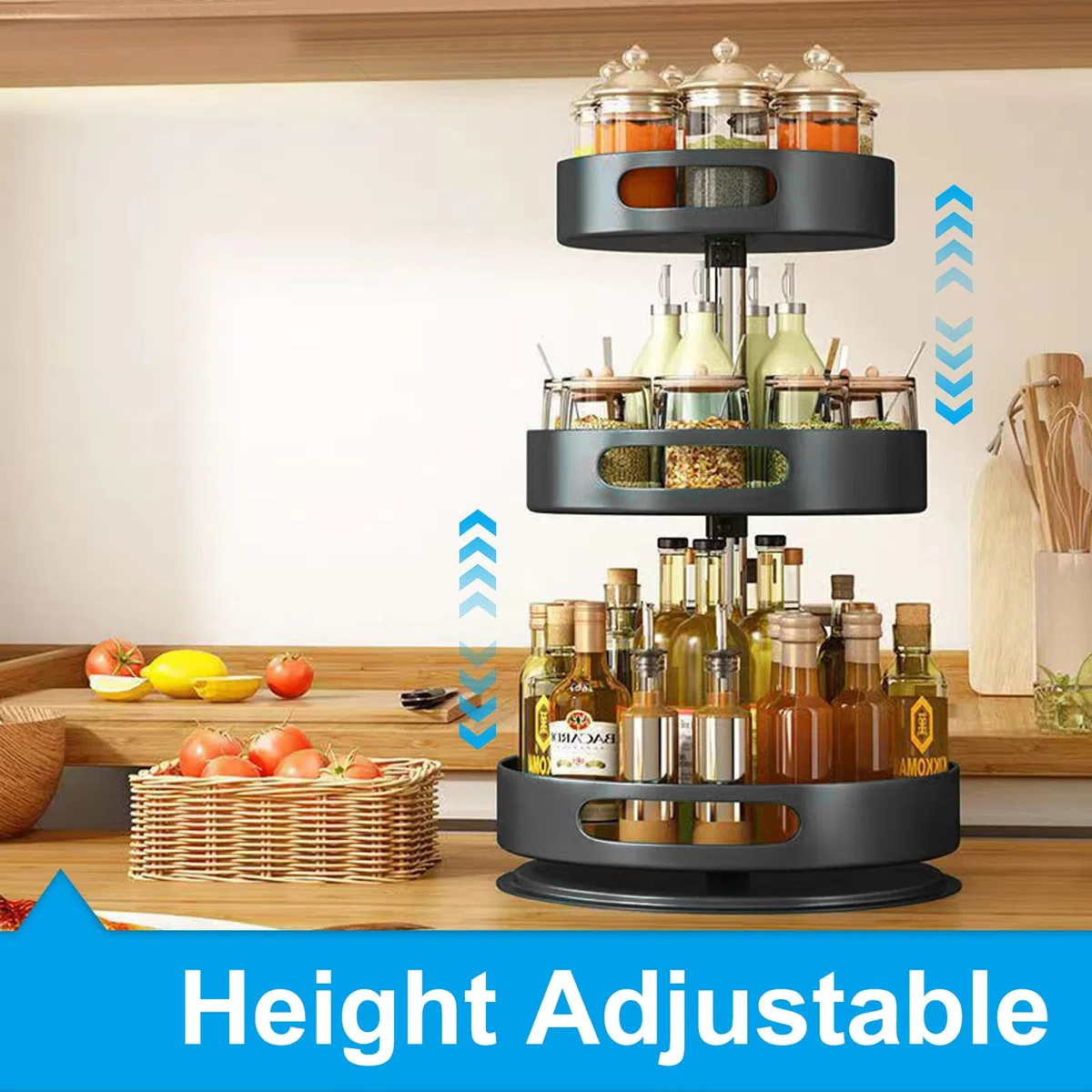 Lazy Susan Organizador de 2/3 niveles, estante giratorio de 360 °, soporte giratorio de acero al carbono, soporte para especias, altura ajustable, estante de pie para cocina, mesa, encimera, armario
