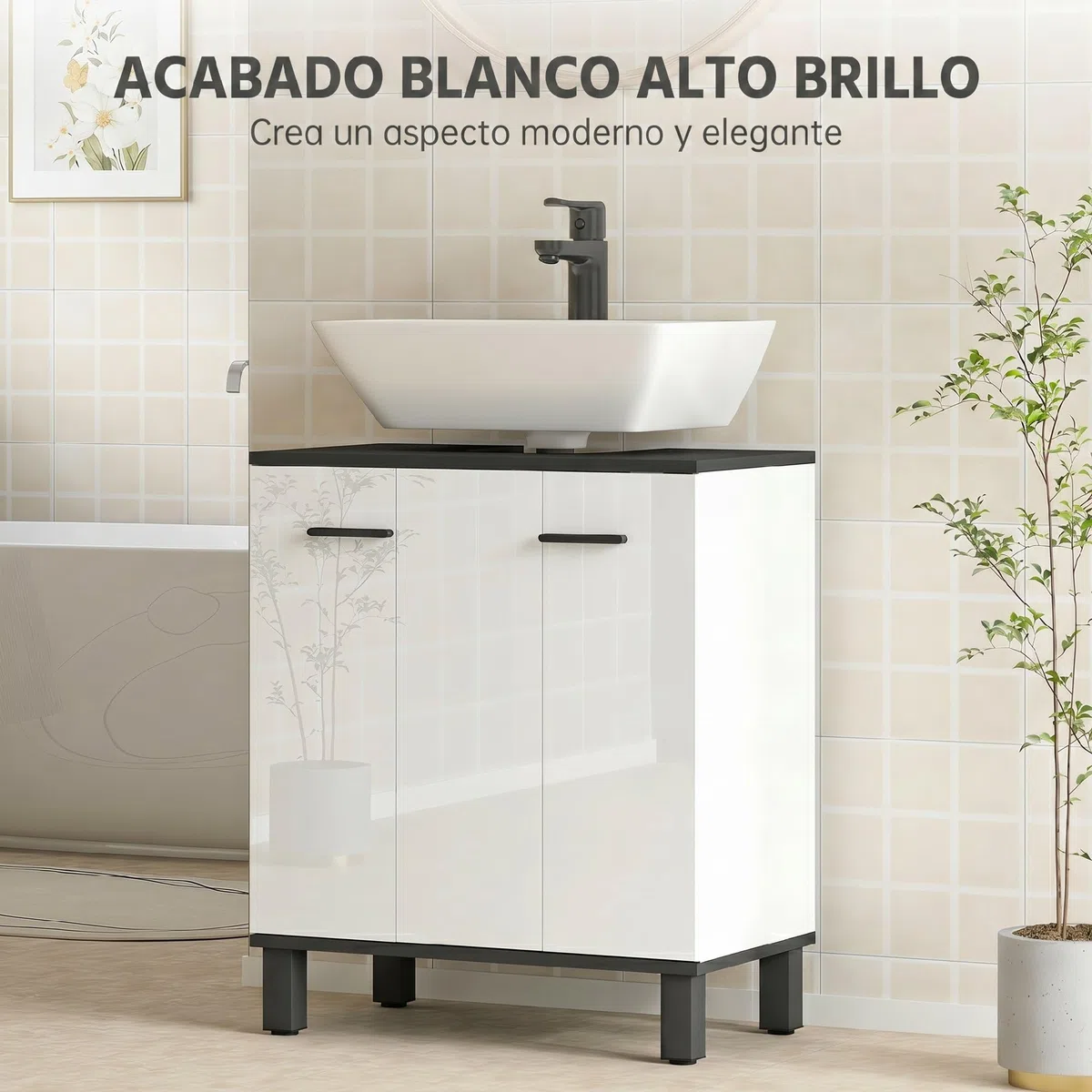 HOMCOM Mueble Bajo Lavabo, Mueble de Baño Compacto con Estante Ajustable, 2 Puertas, Estilo Moderno, para Lavabo con o sin Pedestal, 60x34x70 cm, Blanco Brillo
