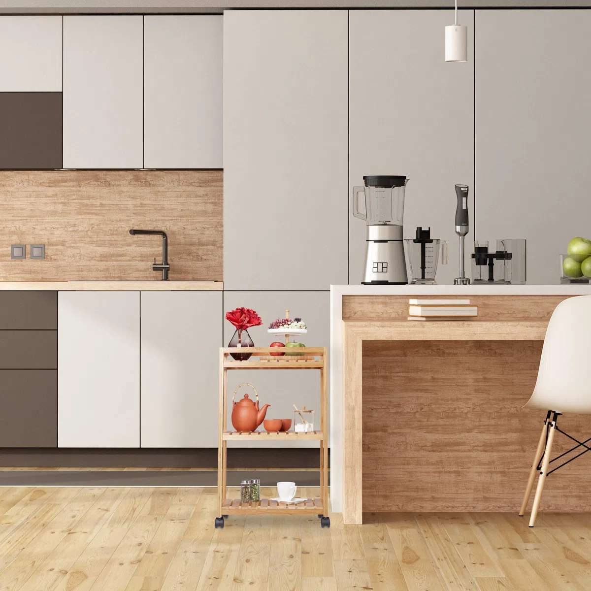 Relaxdays Camarera de 3 Pisos, Carrito Cocina, Carro Auxiliar Bambú con Ruedas Plástico, 77 x 47 x 32,5 cm, Marrón