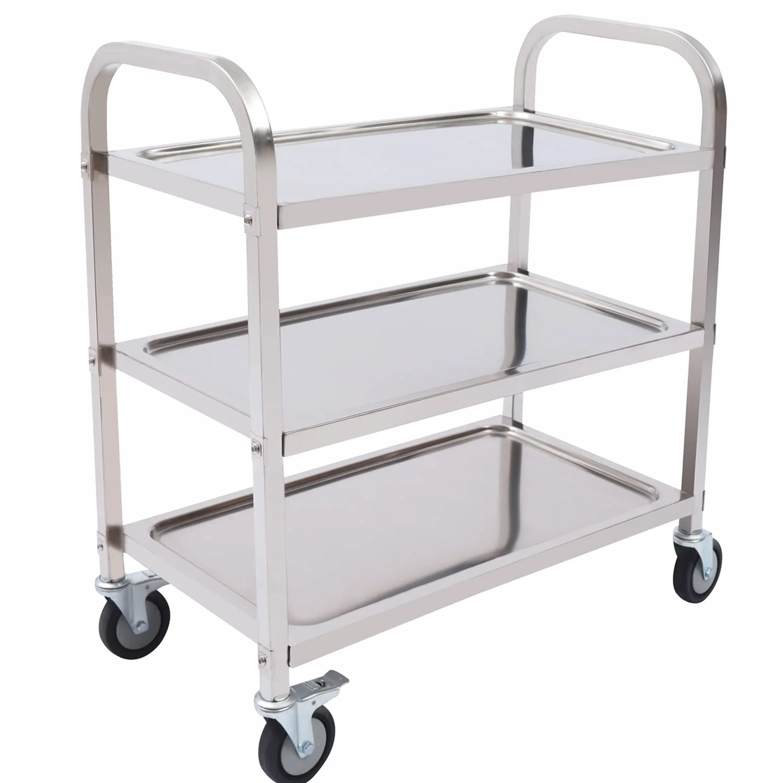 Carro de servicio de 3 niveles, 85 x 45 x 90 cm, acero inoxidable con freno, carrito de metal, restaurante, hotel, escuela, oficina, cocina, carrito