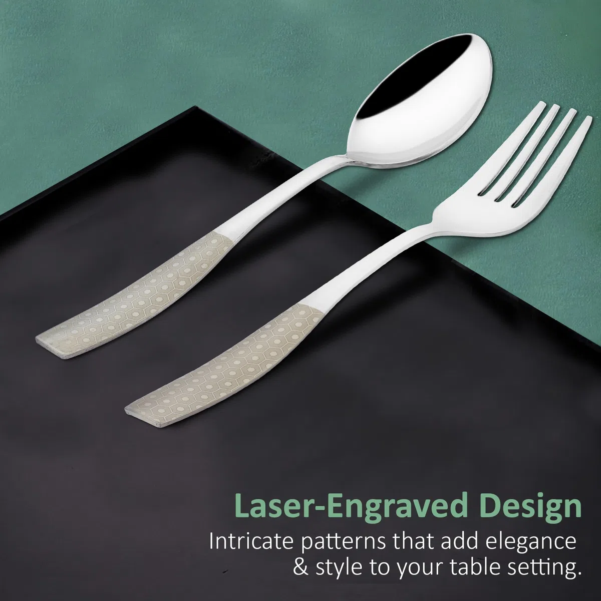 Parage Juego de cubiertos de acero inoxidable de 12 piezas de alta calidad para el hogar y la cocina, vajilla de comedor de lujo, cuchara y tenedor, juego de chammach láser, diseño plateado