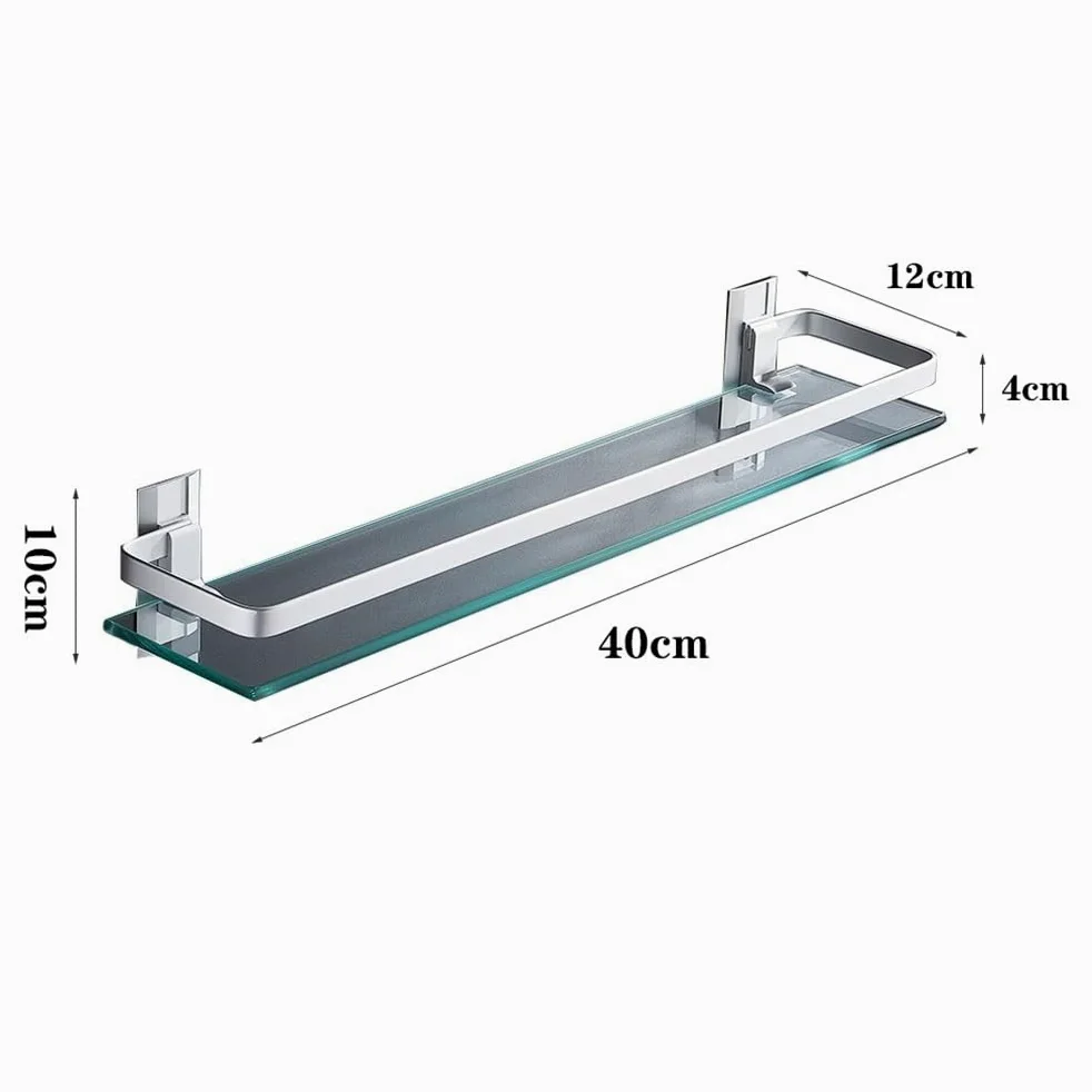 LUUYYI Estante de baño de cristal, estante de ducha de vidrio de 15.7 pulgadas con riel de aluminio, estante de ducha flotante sin taladrar, moderno estante de baño montado en la pared, estantes