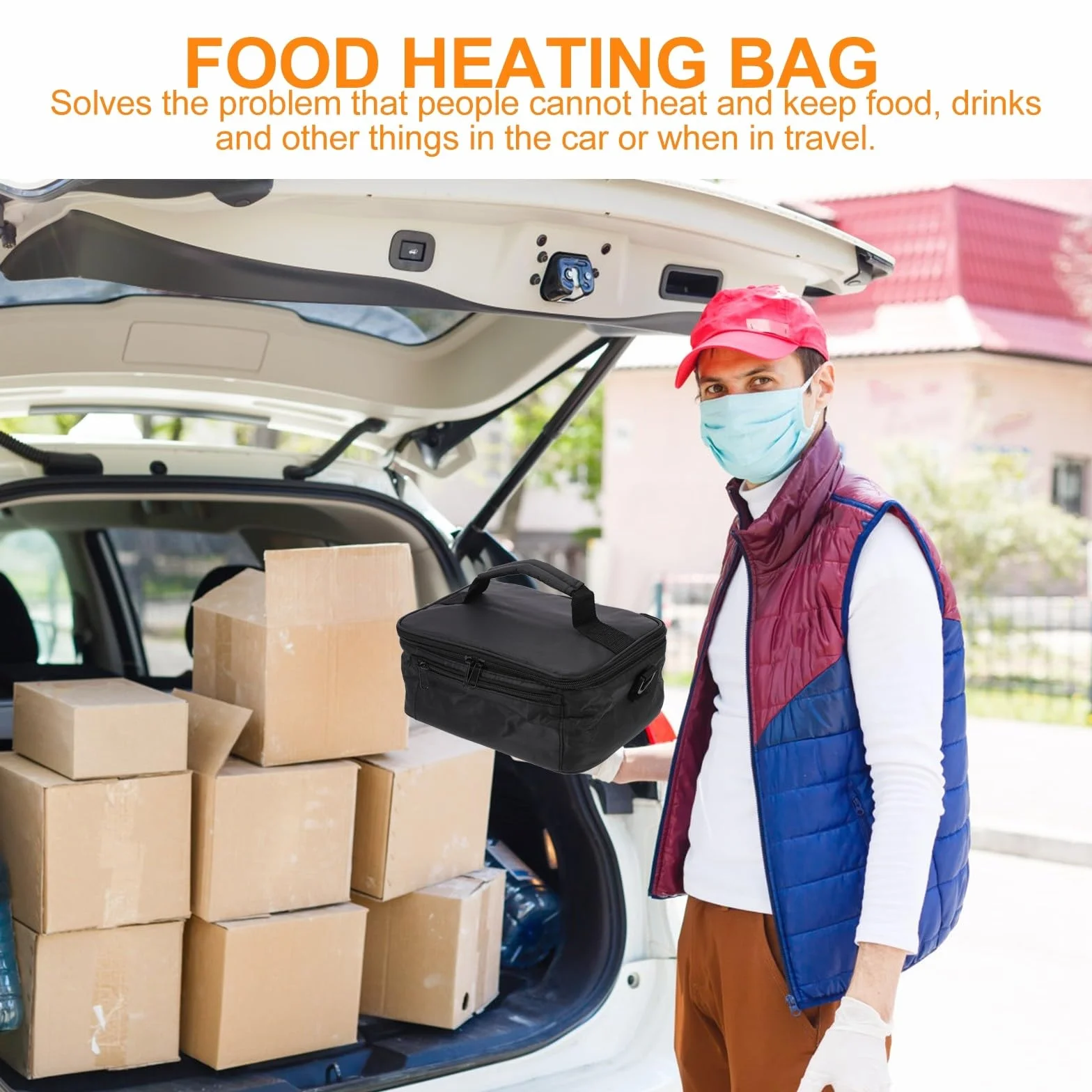 Amosfun Bolsa Térmica para Almuerzo 12v para Coche, Bolsa Aislante Portátil de Oxford Negra, Aluminio para Mantener Alimentos Calientes en Viajes y Oficina
