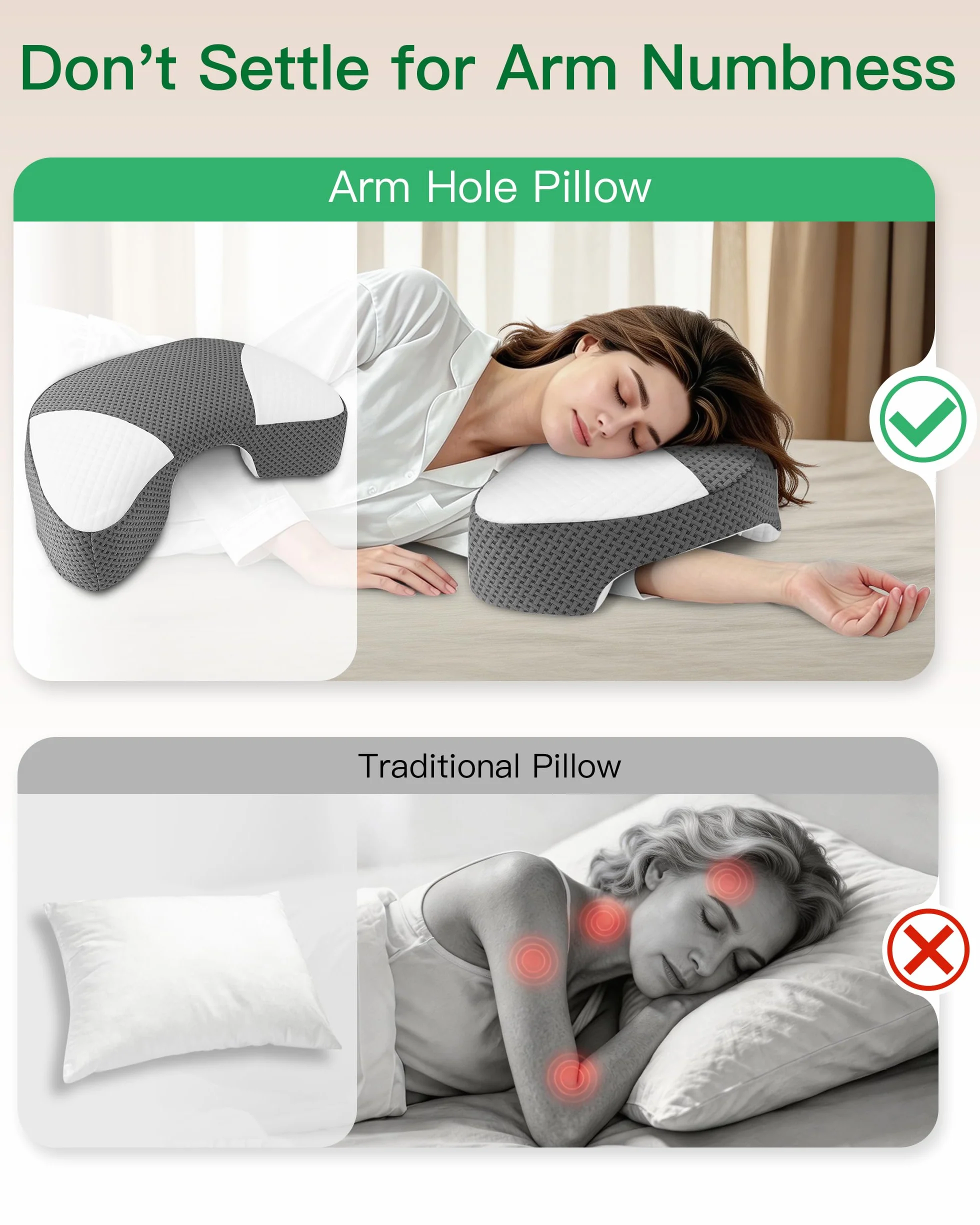 Almohada Dormir de Lado con Hueco Brazo, Almohada Cervical Ergonómica en Espuma Viscoelástica, Alivia Presión Hombros y Brazos, Almohada para Lado