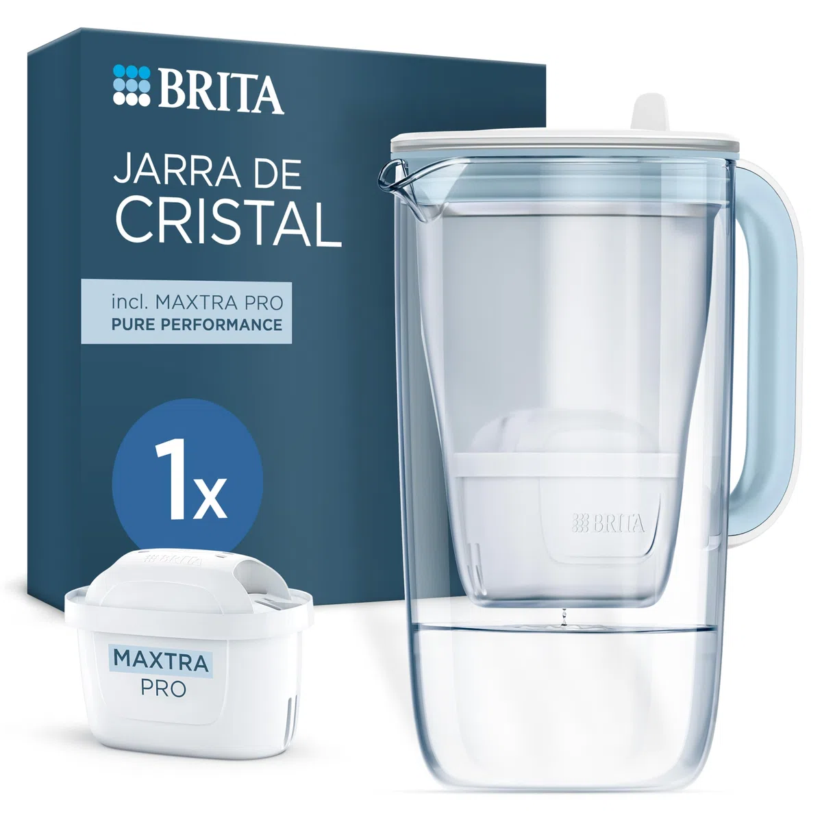 BRITA Jarra de cristal azul (2,5L) incl. 1x filtro MAXTRA PRO Pure Performance Diseño premium con tapa abatible de fácil llenado e indicador, que reduce la cal, el cloro y las impurezas