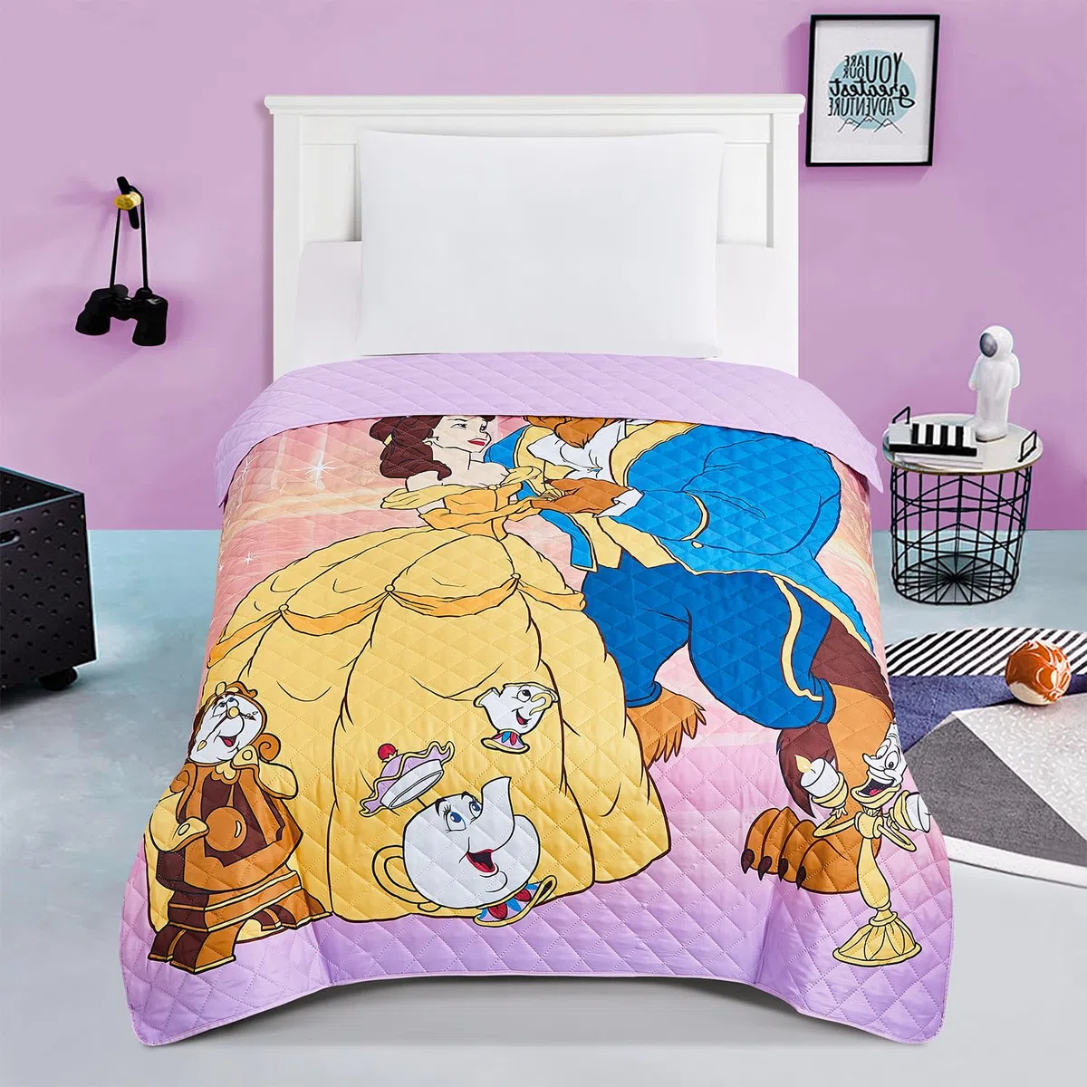 Juego de colcha de La Bella y la Bestia para niños, paquete con colcha acolchada de princesa Bella para cama individual y decoración de habitación, más | Juego de ropa de cama individual de La Bella y