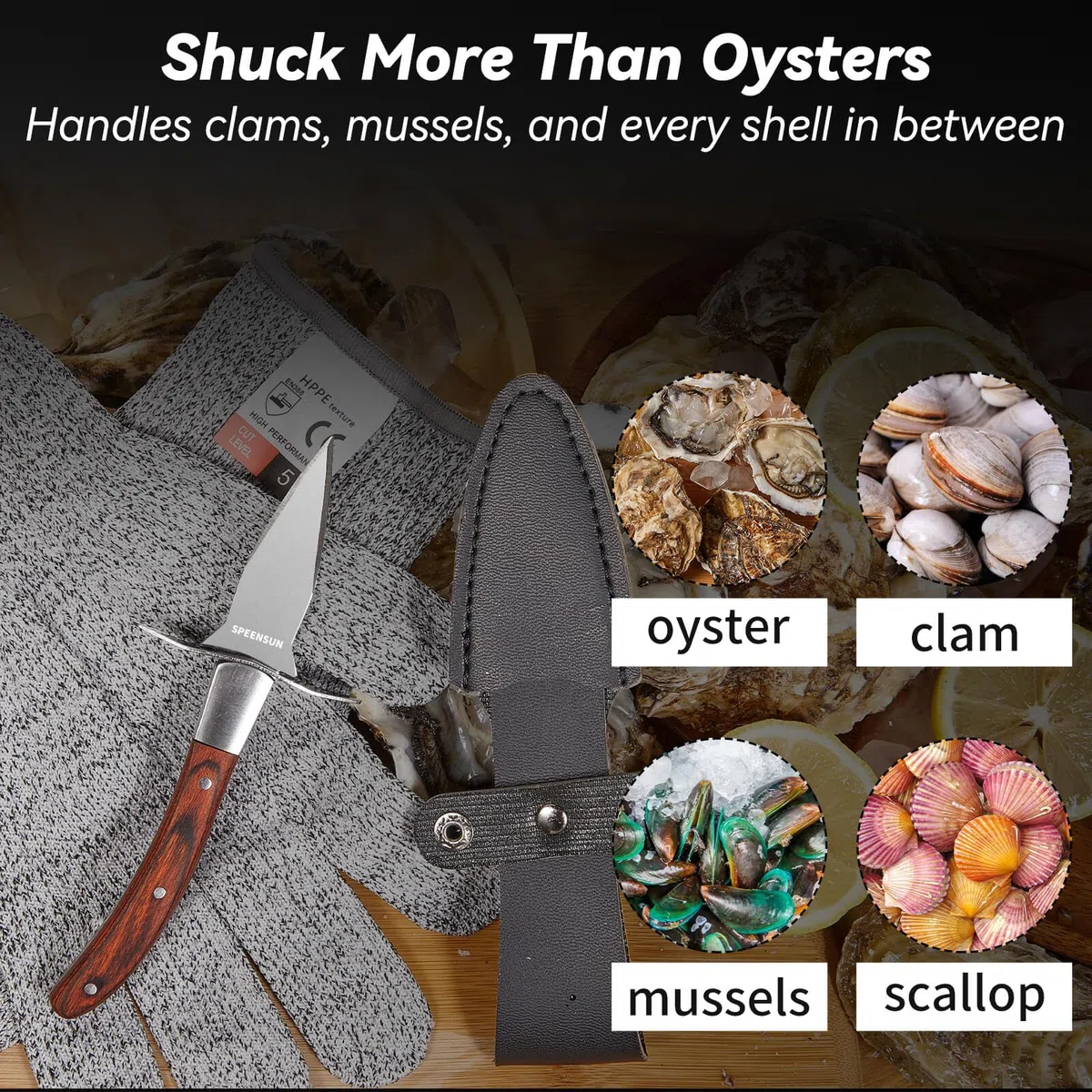 Cuchillo para desmenuzar ostras, cuchillo de ostra, resistente afilado, kit de desmontaje de ostras con mango de madera cómodo, juego de cuchillo y guantes de ostra con protección de 5 niveles, guante