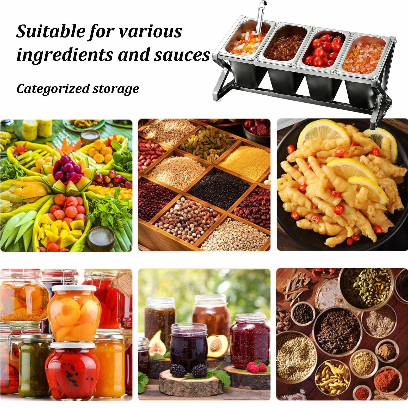 Estación de acero inoxidable para pizza con cuchara, organizador de condimentos con bandeja dispensadora de tapa, estante expandible para especias para salsas e ingredientes de frutas