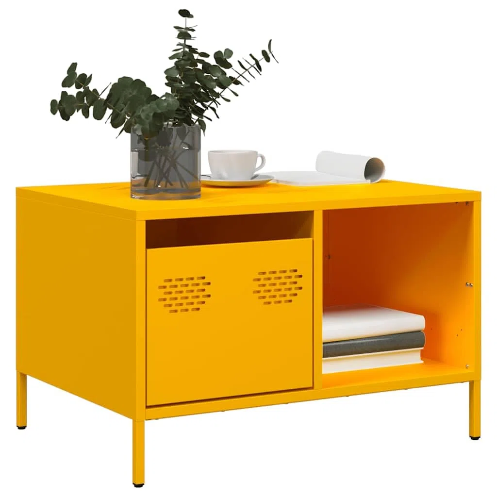 Mesa de centro (68,5 x 50 x 43,5 cm, acero con cajón estante patas regulables en altura, diseño industrial para salón, pasillo, dormitorio