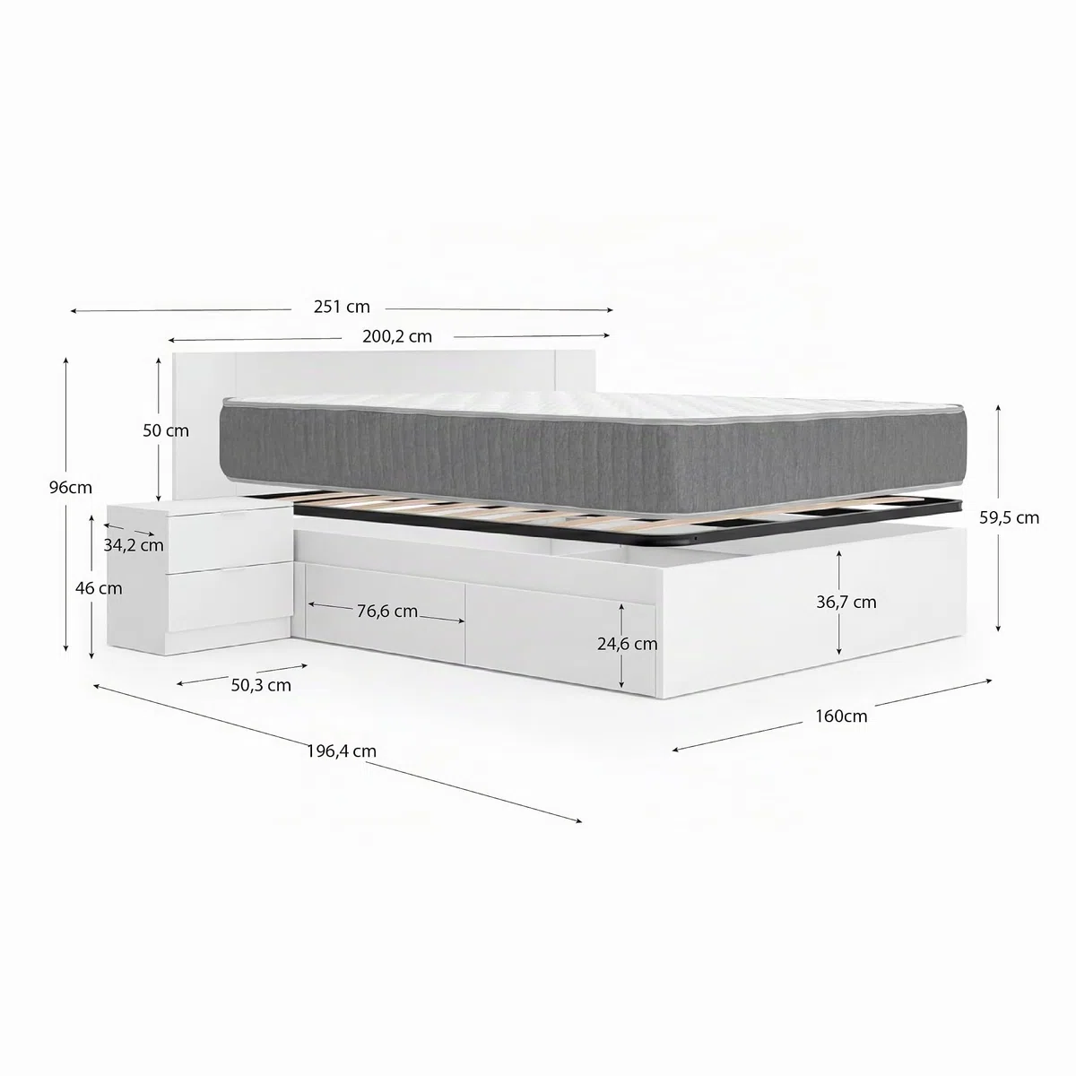 DEKIT - Pack Ahorro Dormitorio Cama Alice de 4 cajones con Cabezal len con 1 Colchón viscoelástico con muelles ensacados Aurea 150 x 190cm y 1 Somier de Lama Ancha