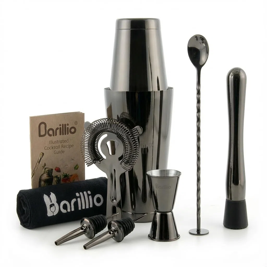 Barillio Black Boston - Juego de coctelera de acero inoxidable con peso para coctelera Martini con colador y mezclador, kit de barman de mixología, juego de bar para el hogar, juego de coctelera de 9