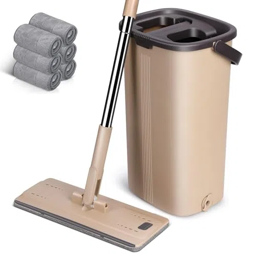Juego de fregona y cubo de microfibra con mango telescópico de acero inoxidable para una limpieza eficiente del suelo