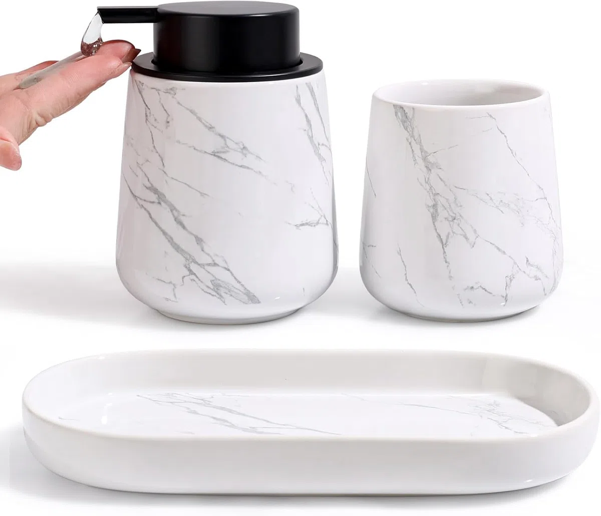 Umlaca Bathroom Accessories - Juego de accesorios de baño de 3 piezas, incluye dispensador de jabón de 350 ml, vaso para cepillos de dientes y jabonera de 320 ml, adecuado para baño, lavabo