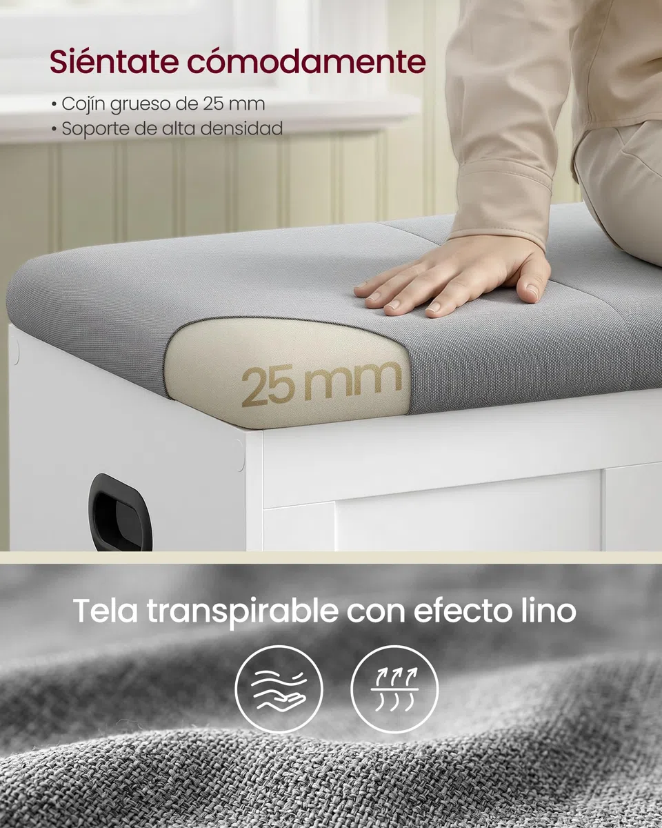 VASAGLE Banco Arcón con Tapa, 2 Bisagras de Seguridad, Banco Zapatero, Estilo Rústico, para Recibidor, Dormitorio, Salón, 41 x 101 x 49 cm, Blanco Mate y Gris Paloma LSB068W101