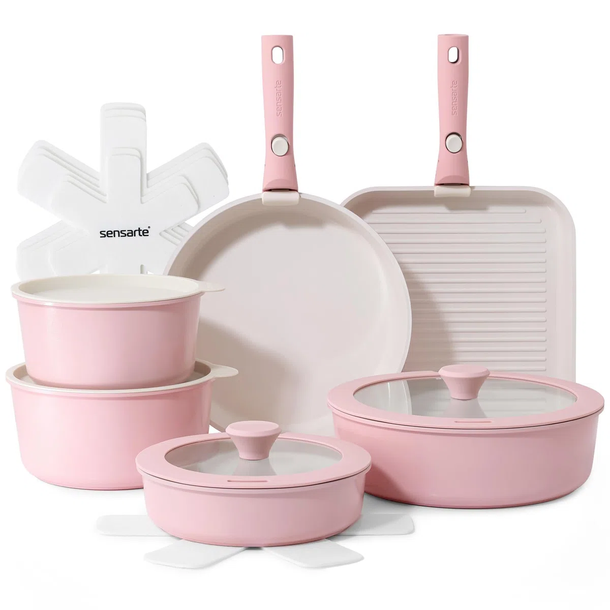 SENSARTE Juego de Ollas y Sartenes de Cerámica 17 Piezas, Utensilios de Cocina Antiadherentes con Mango Desmontable, Apto para Todo Tipo de Cocinas, Aptos para Lavavajillas y Horno (Rosa)