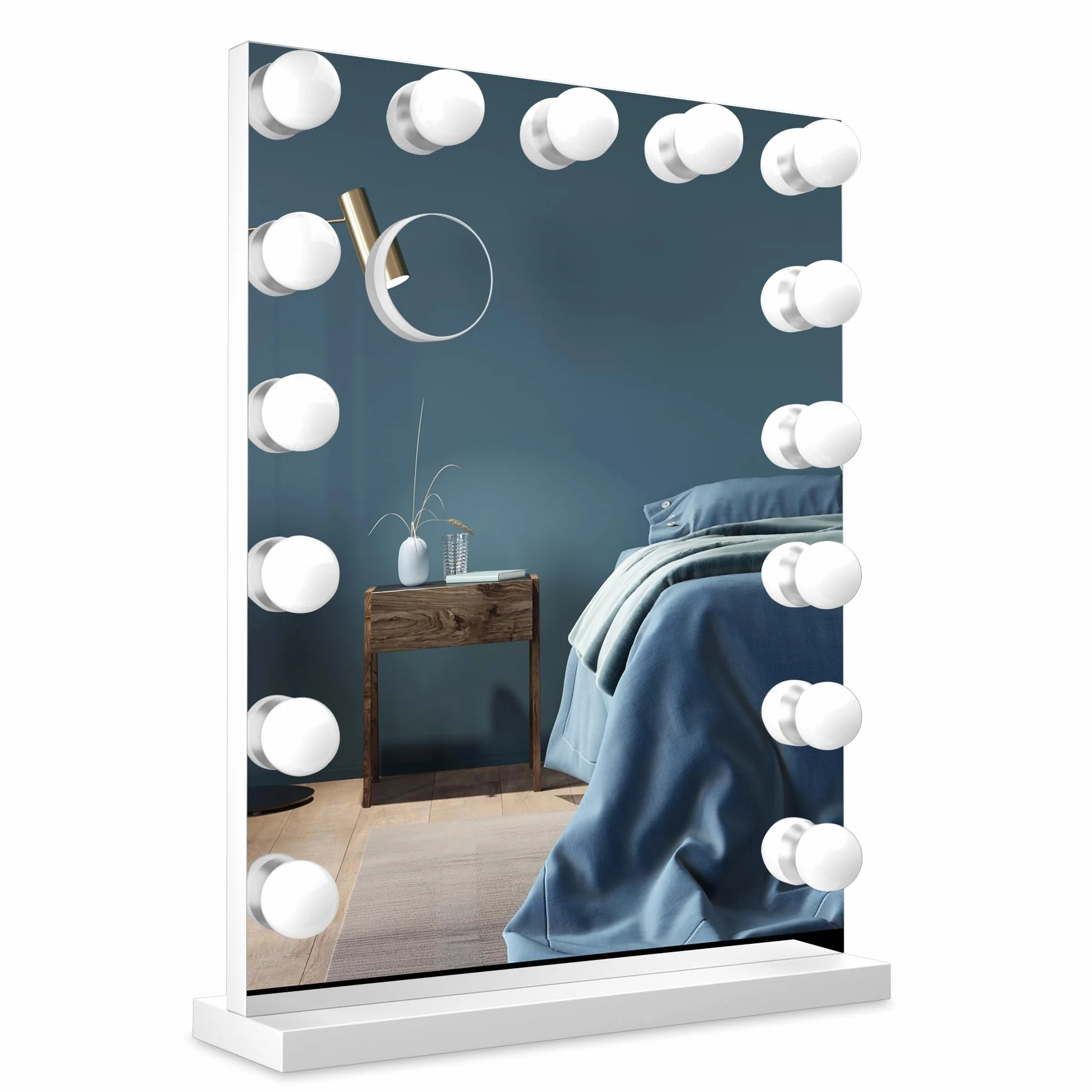 Bayt Hollywood Espejo 43 x 60 cm, Espejo Maquillaje con 15 Luces, Espejo de Aumento 10x, Regulable, Ampliación, Blanco