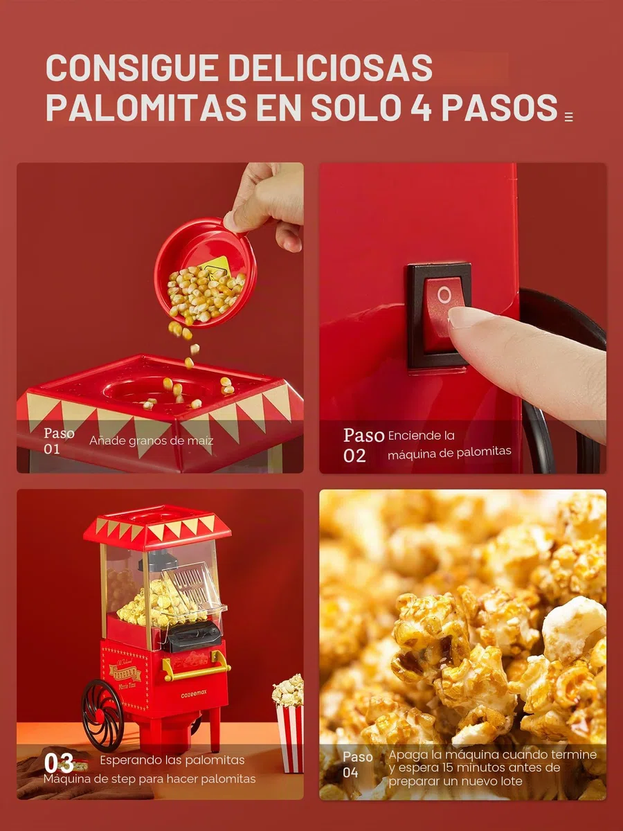Palomitero, 1200W Vintage Máquina de Palomitas con Gran Capacidad, máquina de hacer palomitas dulces Aire Caliente Sin Grasa AceitaLibre de BPA, Rojo